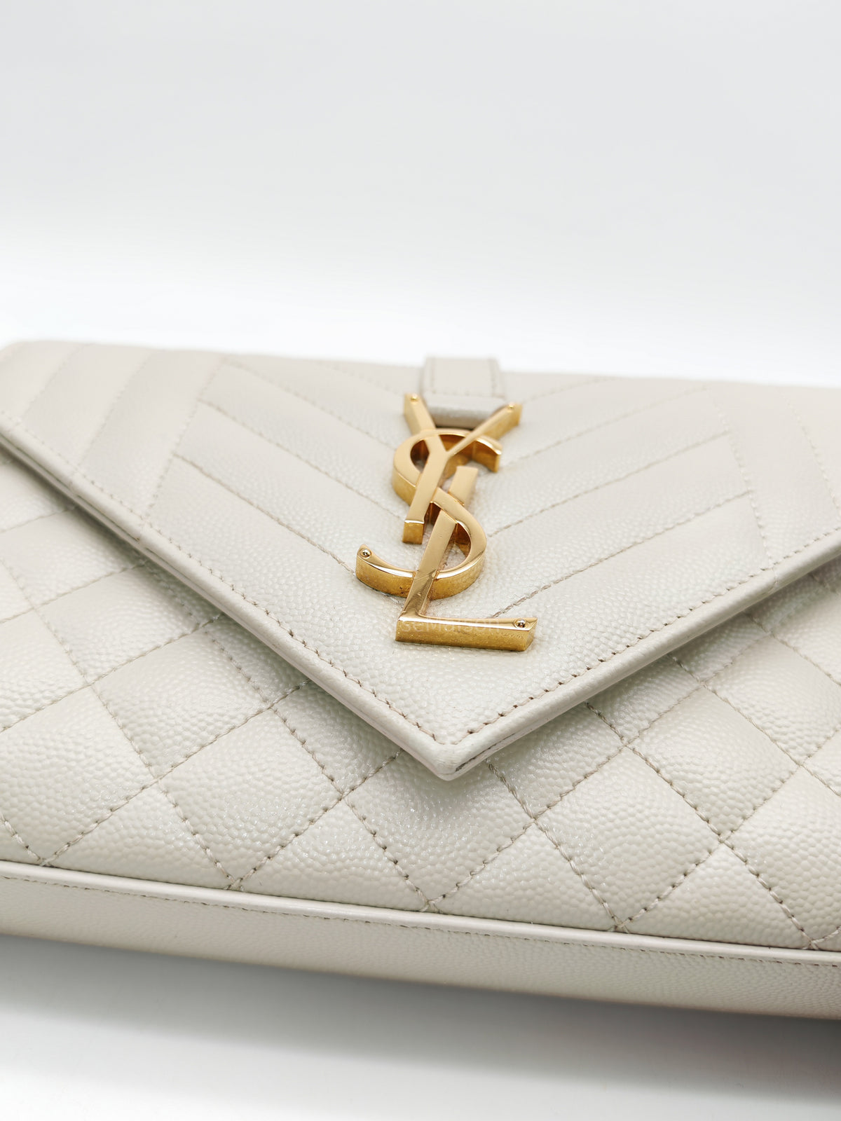 Yves Saint Laurent Monogram Envelope Bag Small in Off White Grain de Poudre Embossed Leather and Gold Hardware