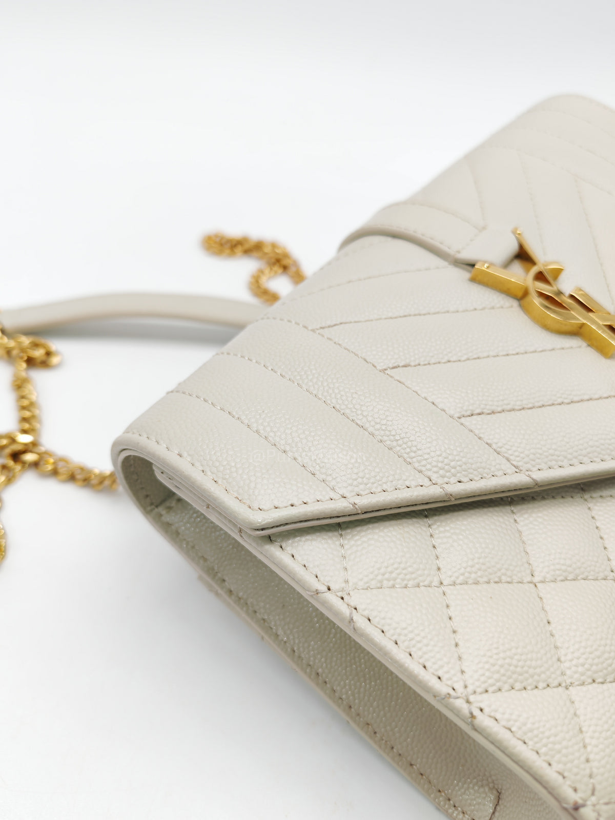 Yves Saint Laurent Monogram Envelope Bag Small in Off White Grain de Poudre Embossed Leather and Gold Hardware