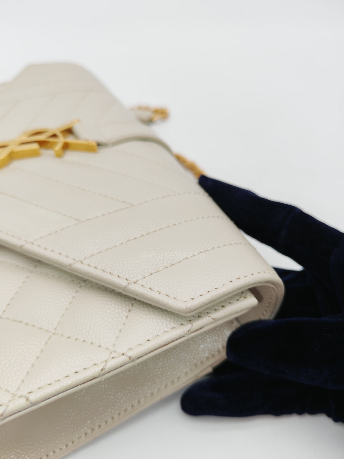 Yves Saint Laurent Monogram Envelope Bag Small in Off White Grain de Poudre Embossed Leather and Gold Hardware