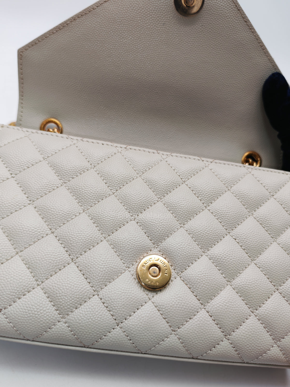 Yves Saint Laurent Monogram Envelope Bag Small in Off White Grain de Poudre Embossed Leather and Gold Hardware