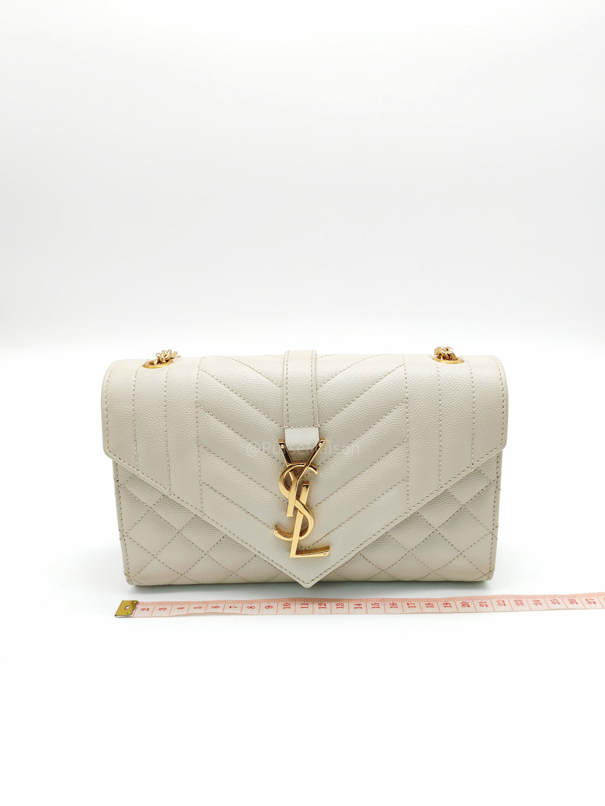 Yves Saint Laurent Monogram Envelope Bag Small in Off White Grain de Poudre Embossed Leather and Gold Hardware