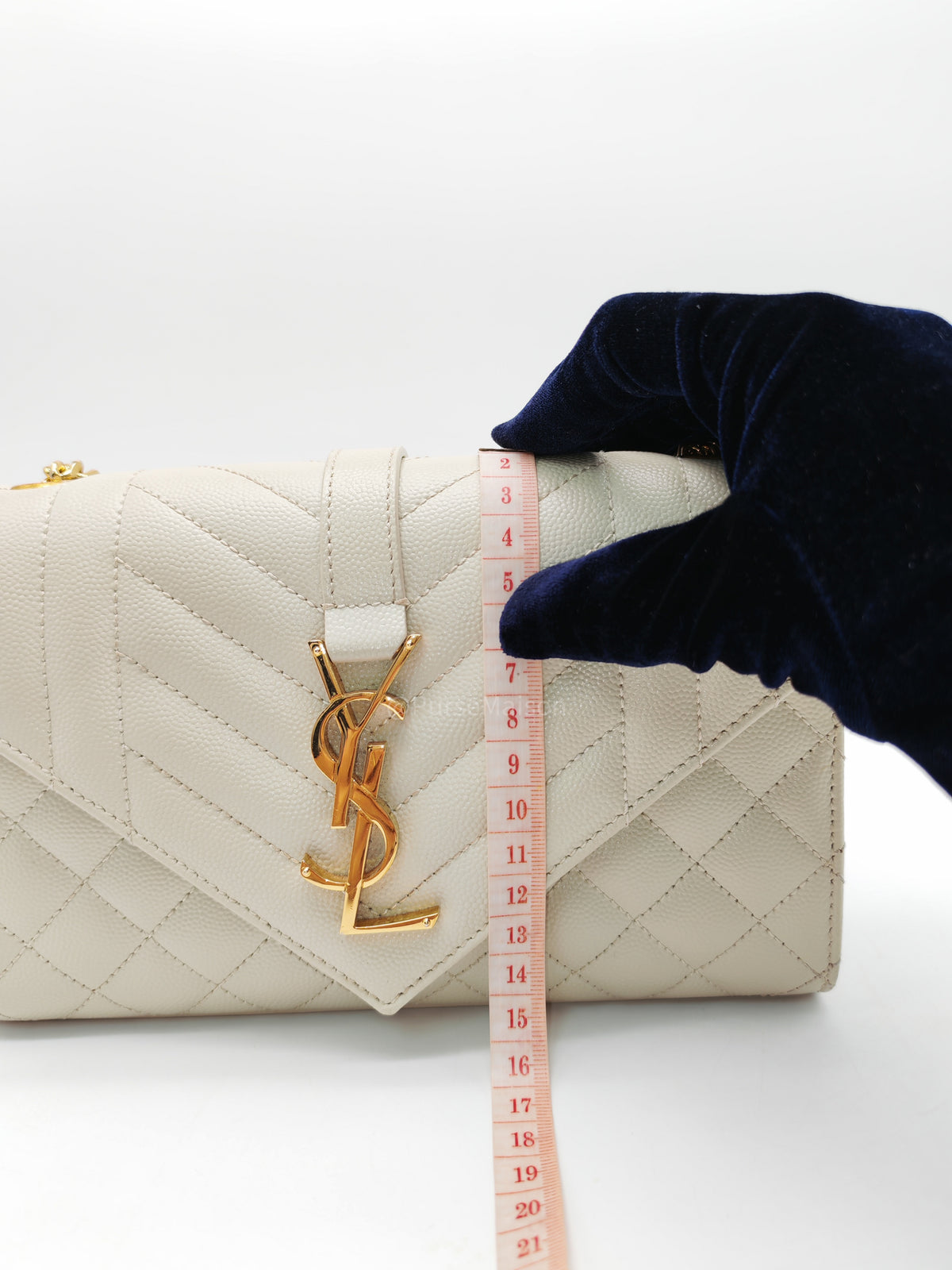 Yves Saint Laurent Monogram Envelope Bag Small in Off White Grain de Poudre Embossed Leather and Gold Hardware