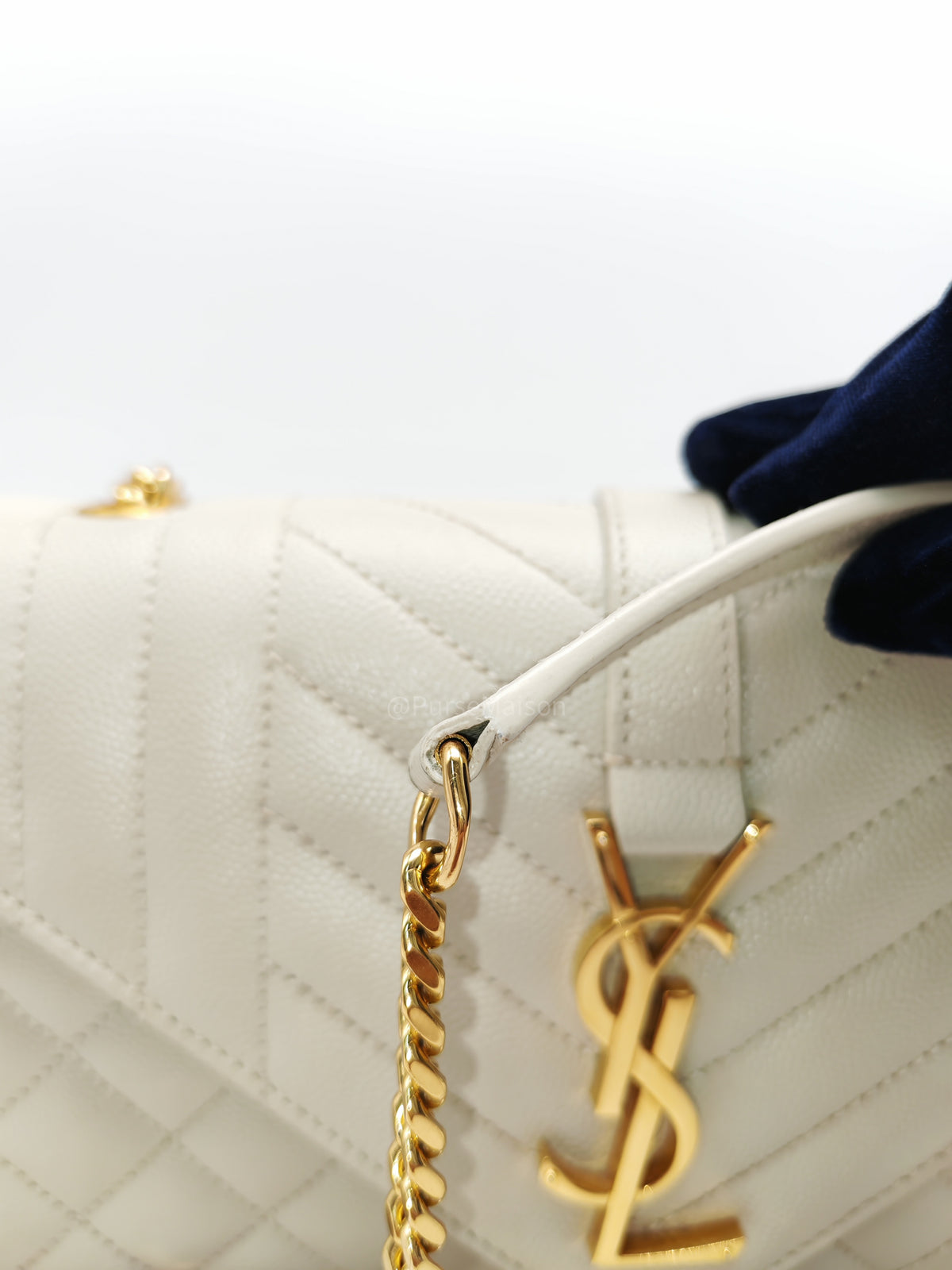Yves Saint Laurent Monogram Envelope Bag Small in Off White Grain de Poudre Embossed Leather and Gold Hardware