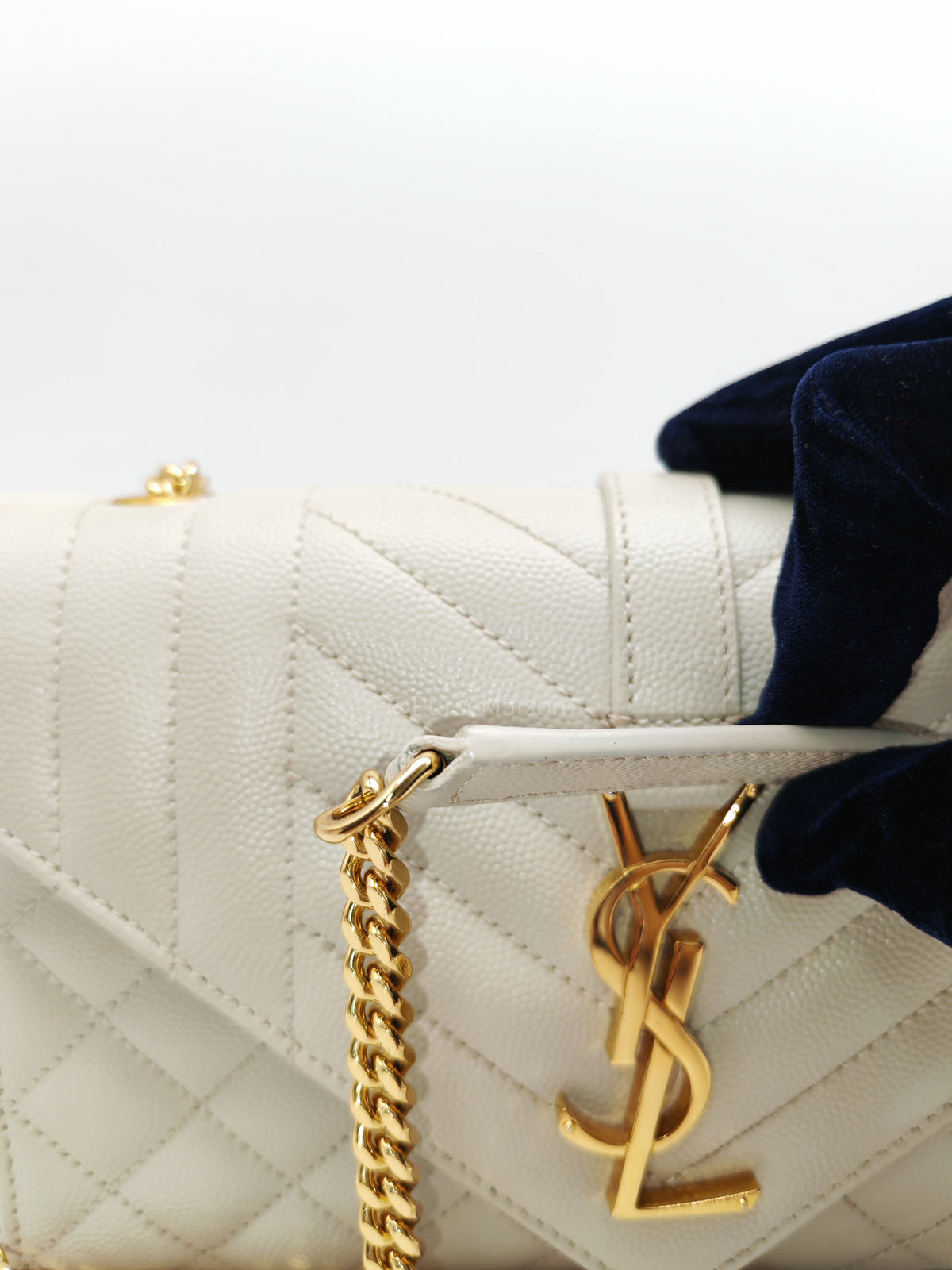 Yves Saint Laurent Monogram Envelope Bag Small in Off White Grain de Poudre Embossed Leather and Gold Hardware