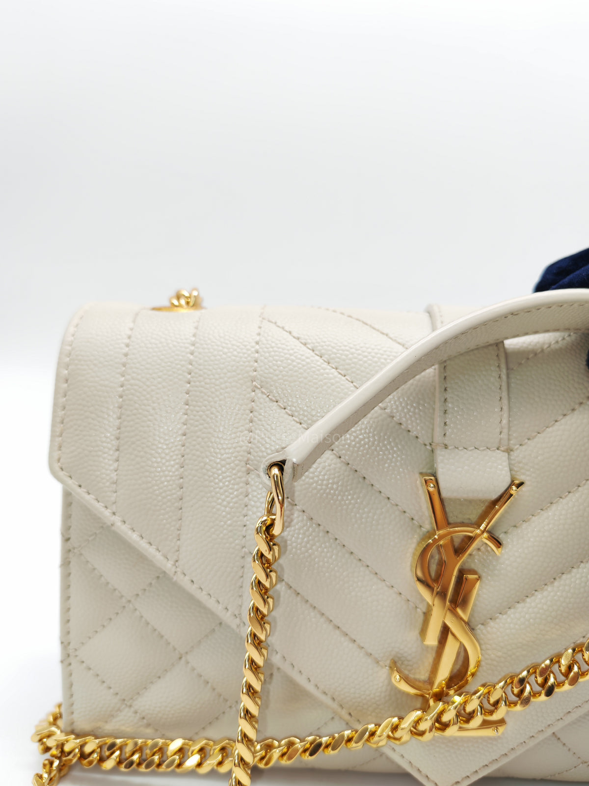 Yves Saint Laurent Monogram Envelope Bag Small in Off White Grain de Poudre Embossed Leather and Gold Hardware