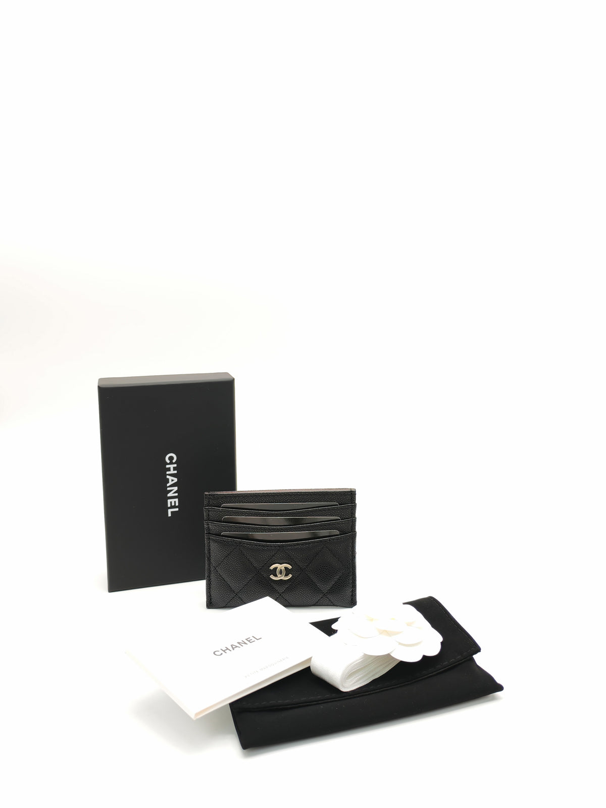Chanel Flat Card Holder Medium in Black Caviar Leather and Light Gold Hardware Microchip