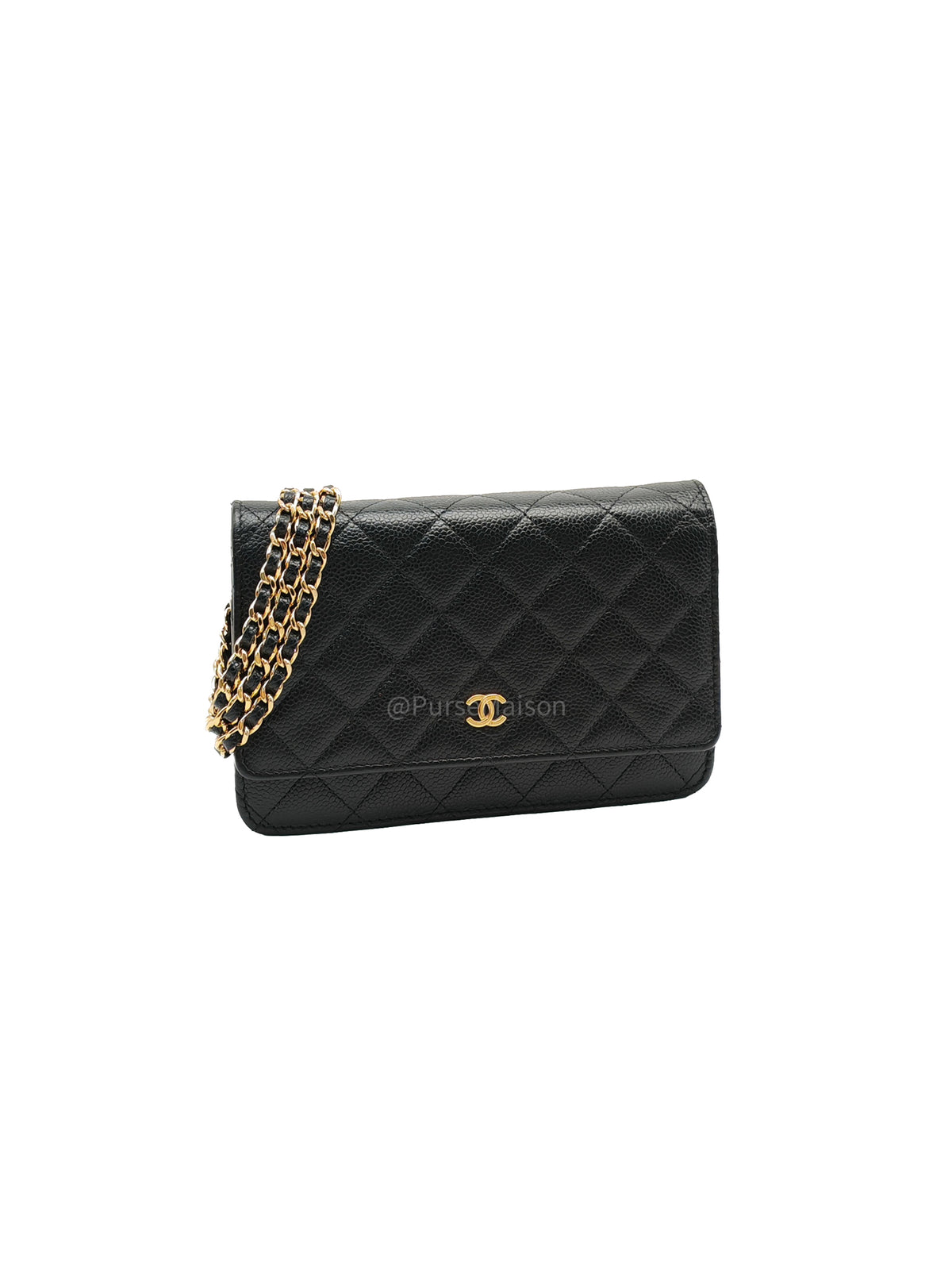 Chanel Classic Wallet On Chain (WOC) in Black Quilted Caviar Leather and Gold Hardware Series 29