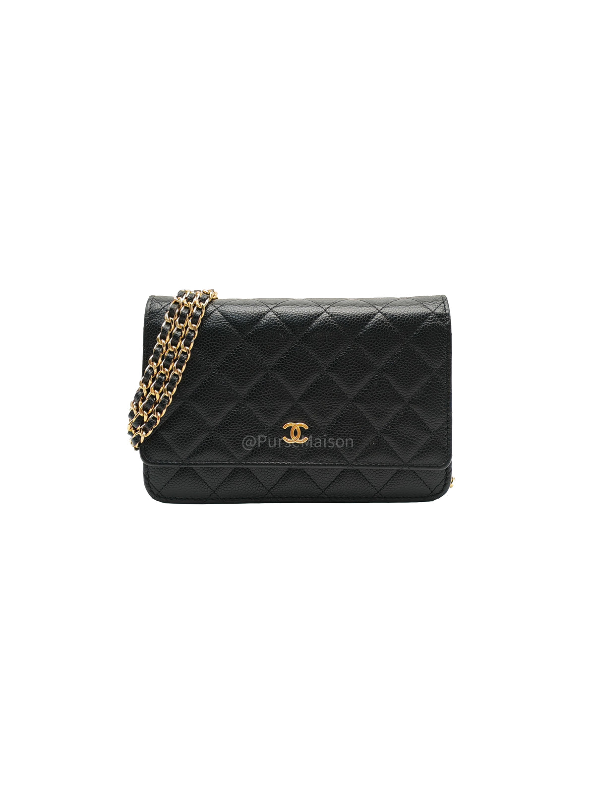 Chanel Classic Wallet On Chain (WOC) in Black Quilted Caviar Leather and Gold Hardware Series 29