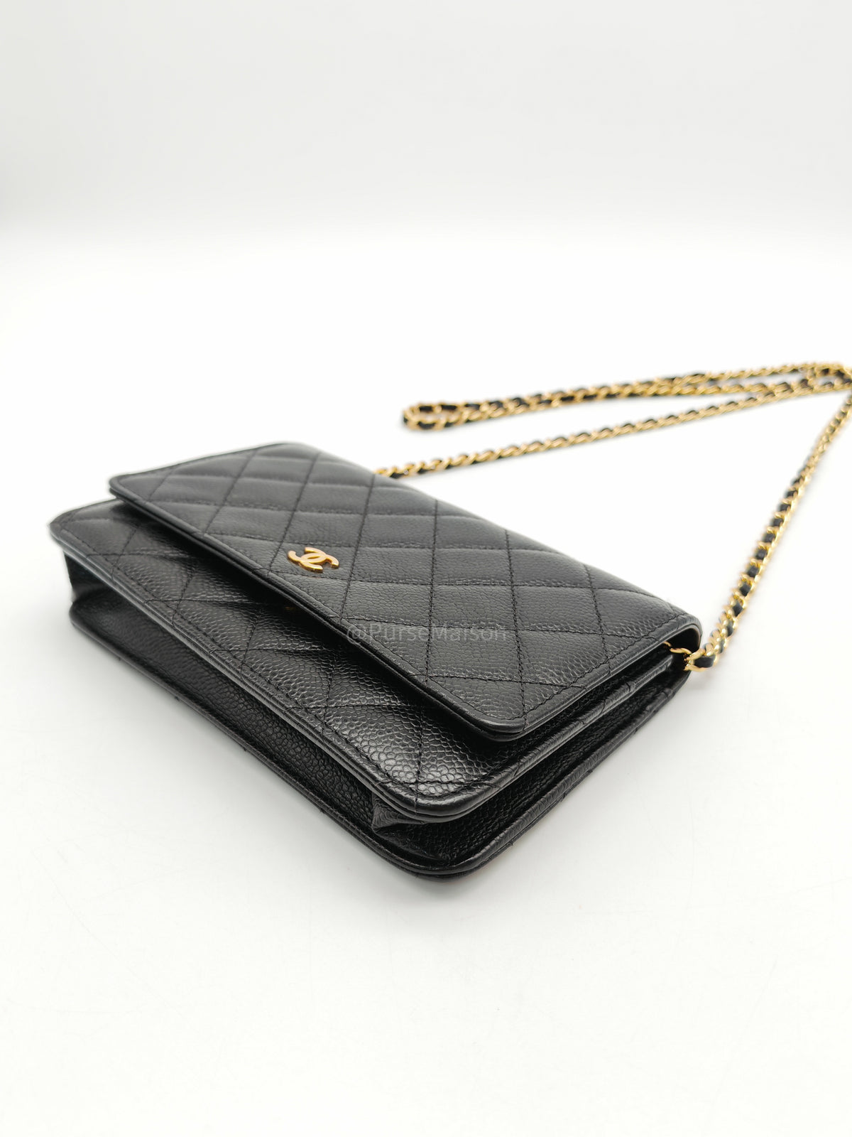 Chanel Classic Wallet On Chain (WOC) in Black Quilted Caviar Leather and Gold Hardware Series 29