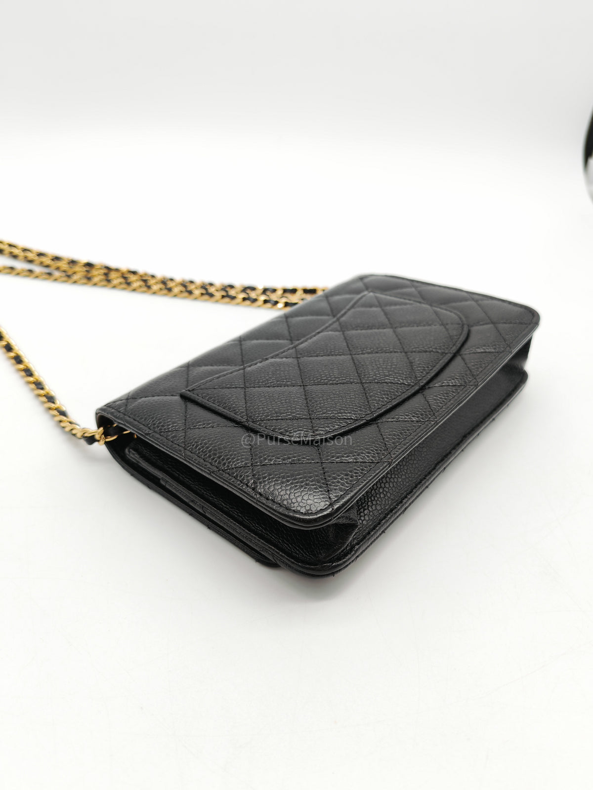 Chanel Classic Wallet On Chain (WOC) in Black Quilted Caviar Leather and Gold Hardware Series 29