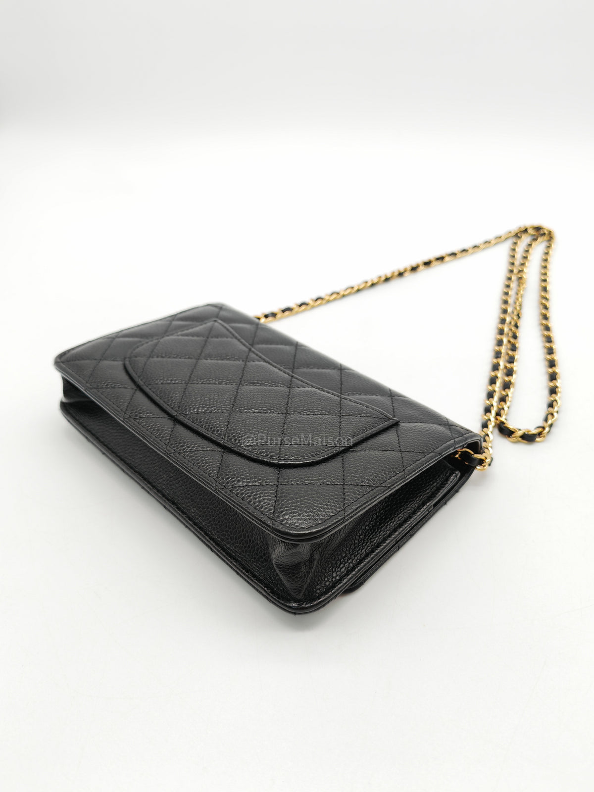 Chanel Classic Wallet On Chain (WOC) in Black Quilted Caviar Leather and Gold Hardware Series 29