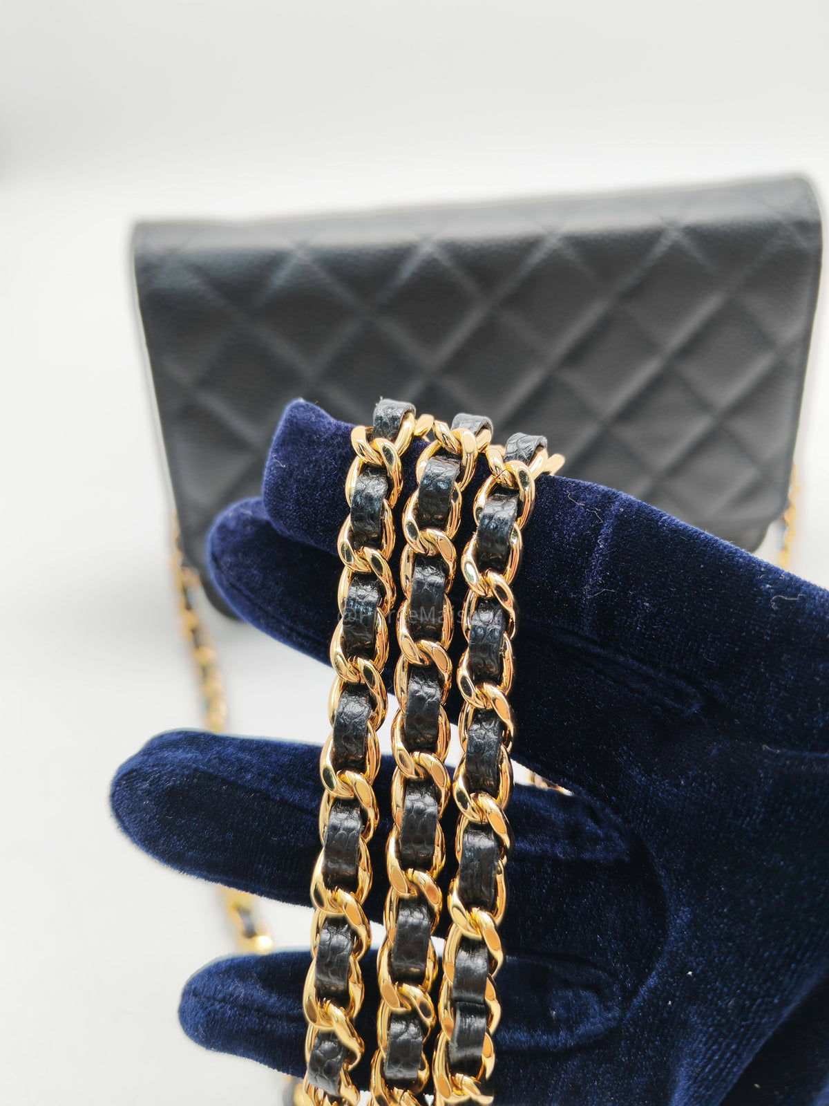 Chanel Classic Wallet On Chain (WOC) in Black Quilted Caviar Leather and Gold Hardware Series 29