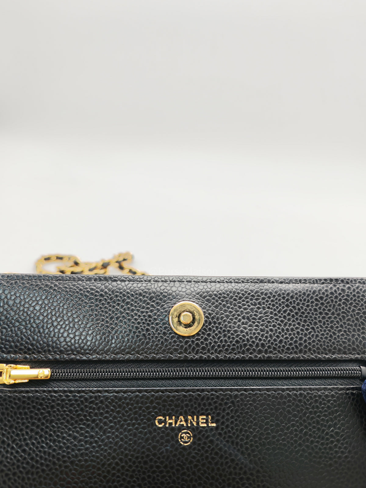 Chanel Classic Wallet On Chain (WOC) in Black Quilted Caviar Leather and Gold Hardware Series 29