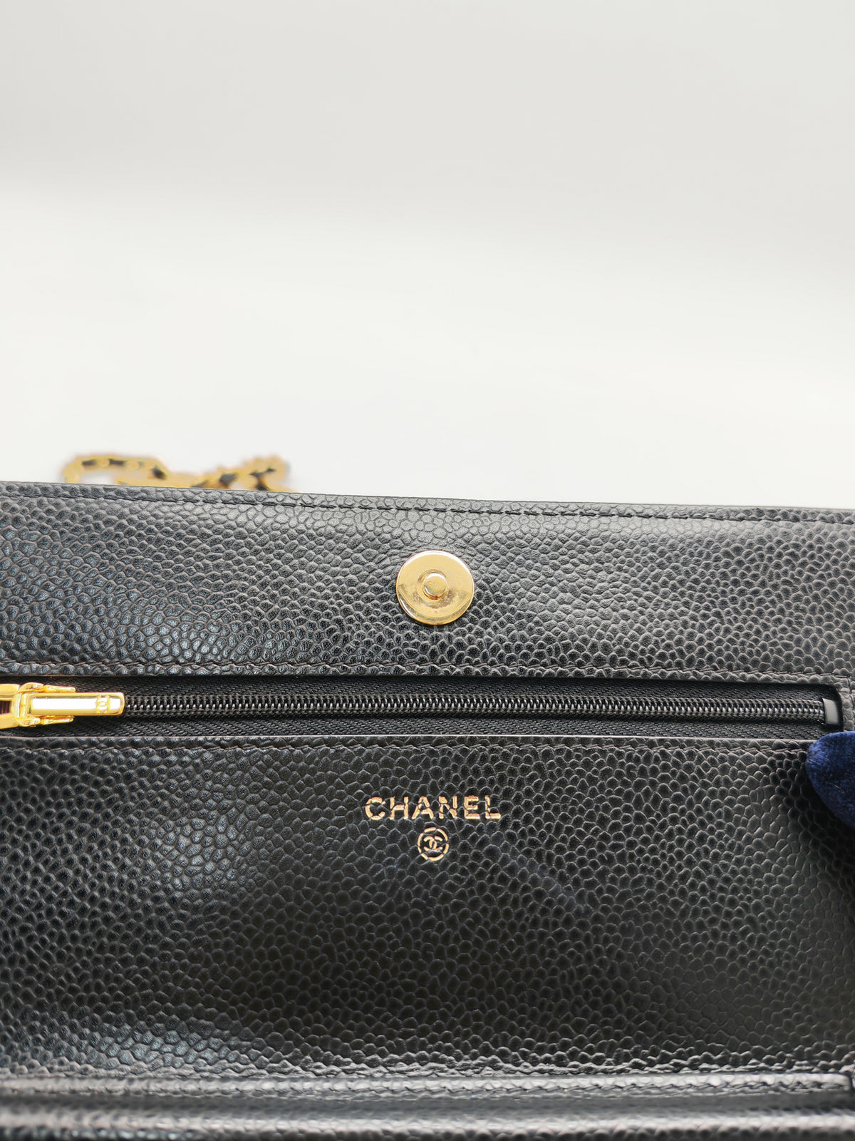Chanel Classic Wallet On Chain (WOC) in Black Quilted Caviar Leather and Gold Hardware Series 29