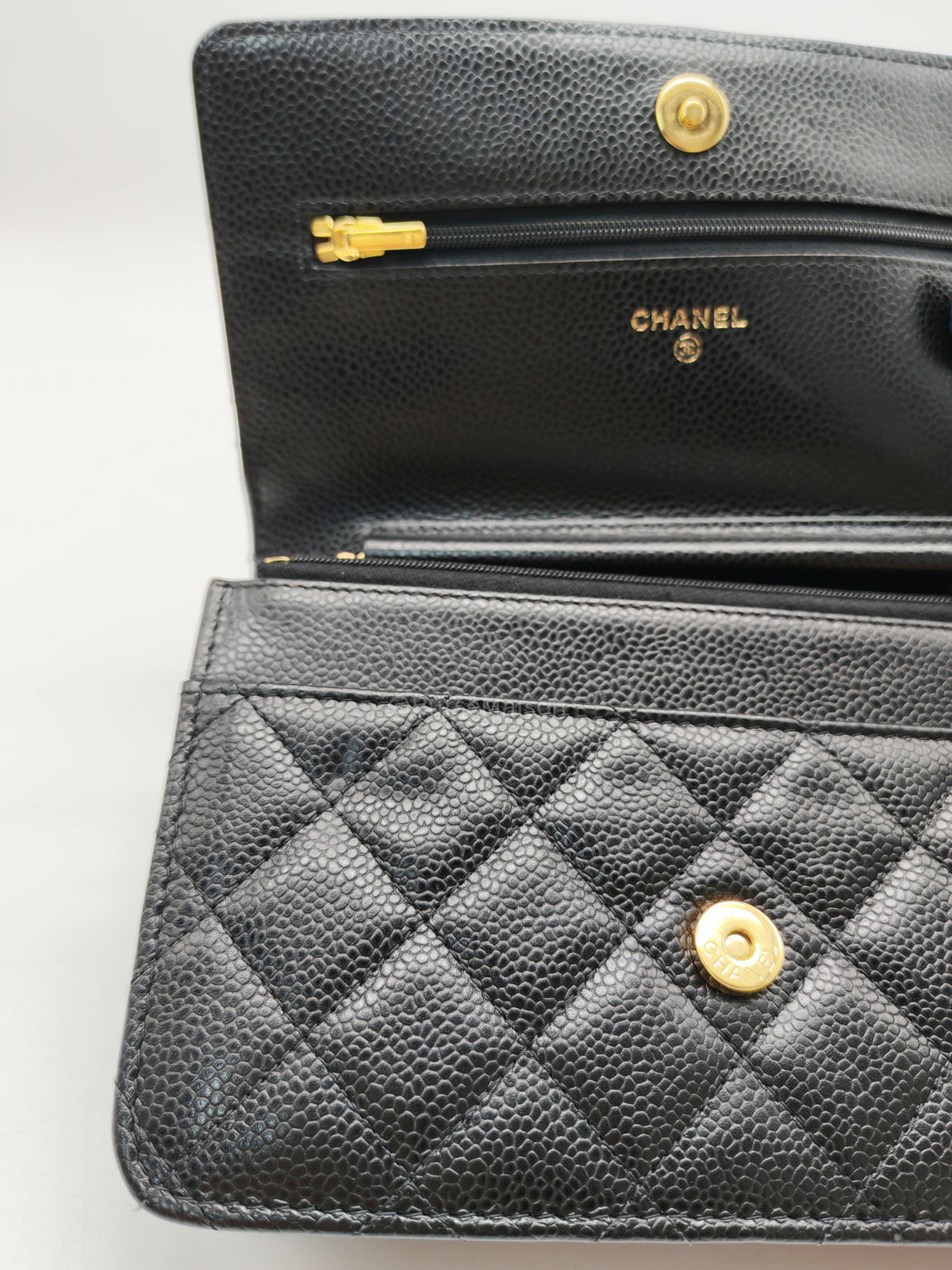 Chanel Classic Wallet On Chain (WOC) in Black Quilted Caviar Leather and Gold Hardware Series 29
