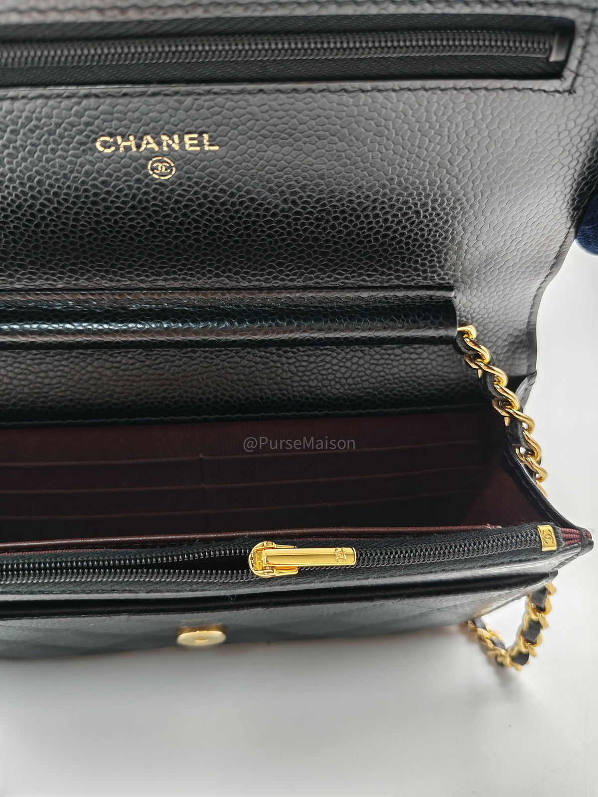 Chanel Classic Wallet On Chain (WOC) in Black Quilted Caviar Leather and Gold Hardware Series 29