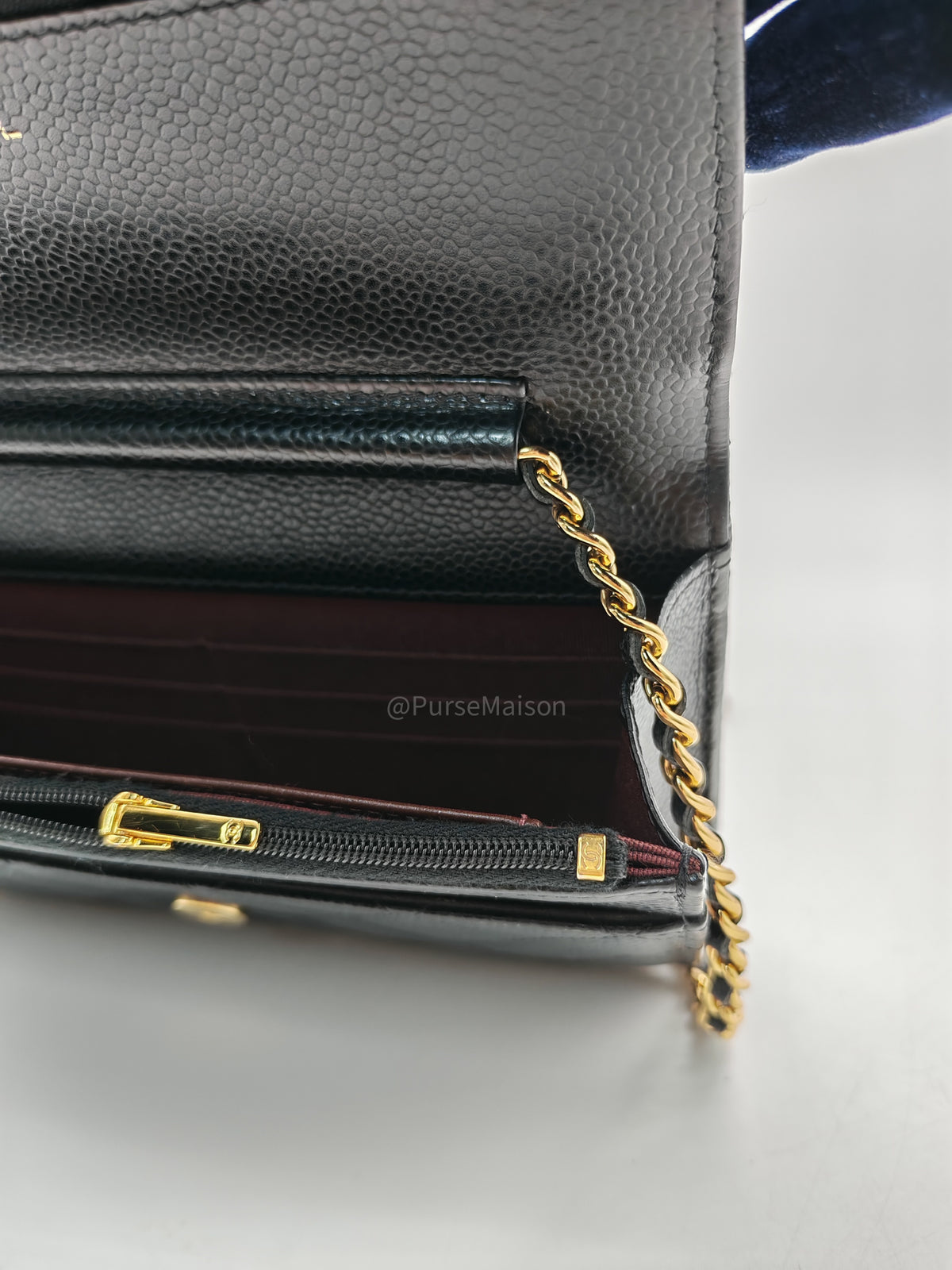 Chanel Classic Wallet On Chain (WOC) in Black Quilted Caviar Leather and Gold Hardware Series 29