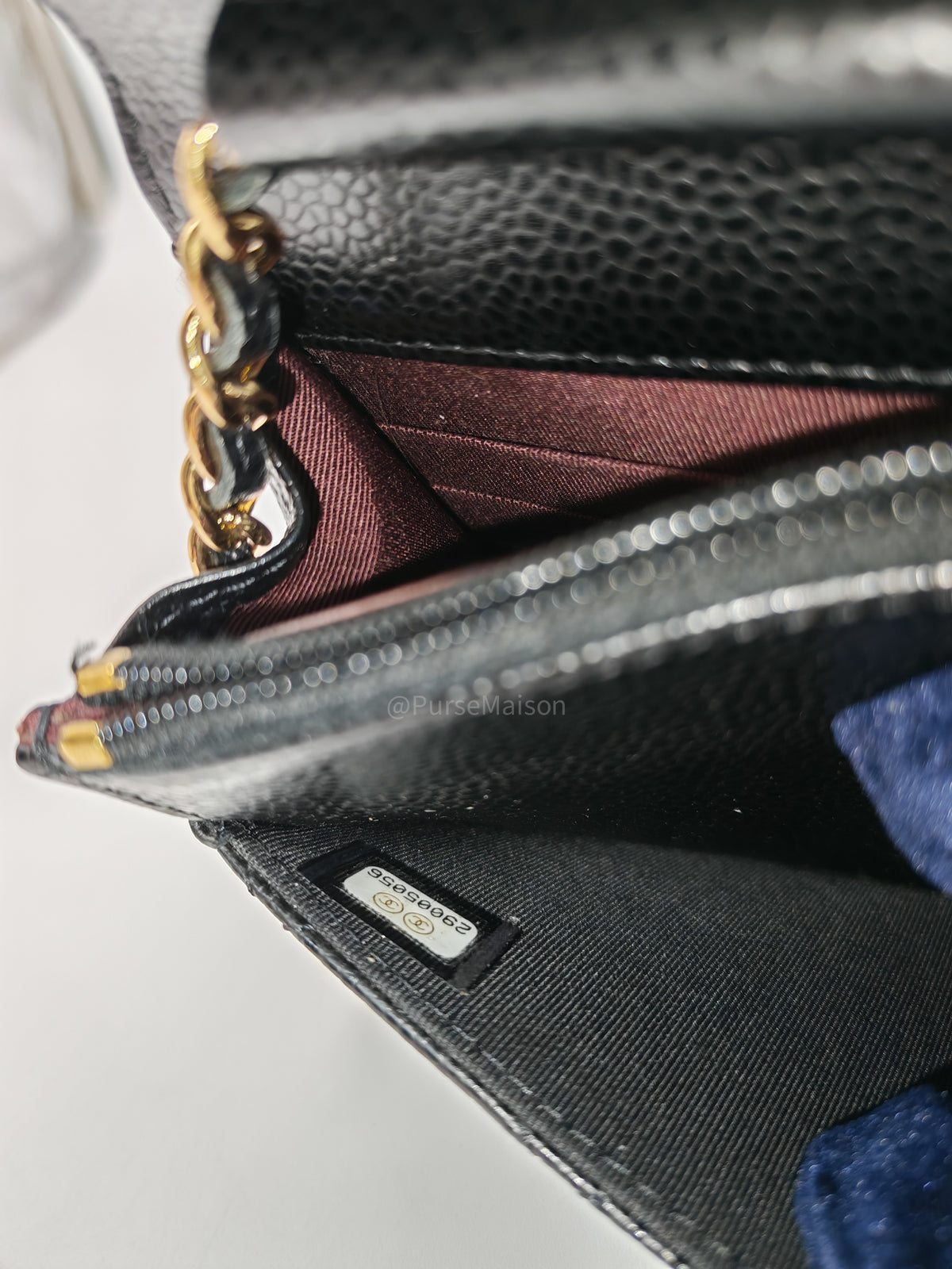 Chanel Classic Wallet On Chain (WOC) in Black Quilted Caviar Leather and Gold Hardware Series 29