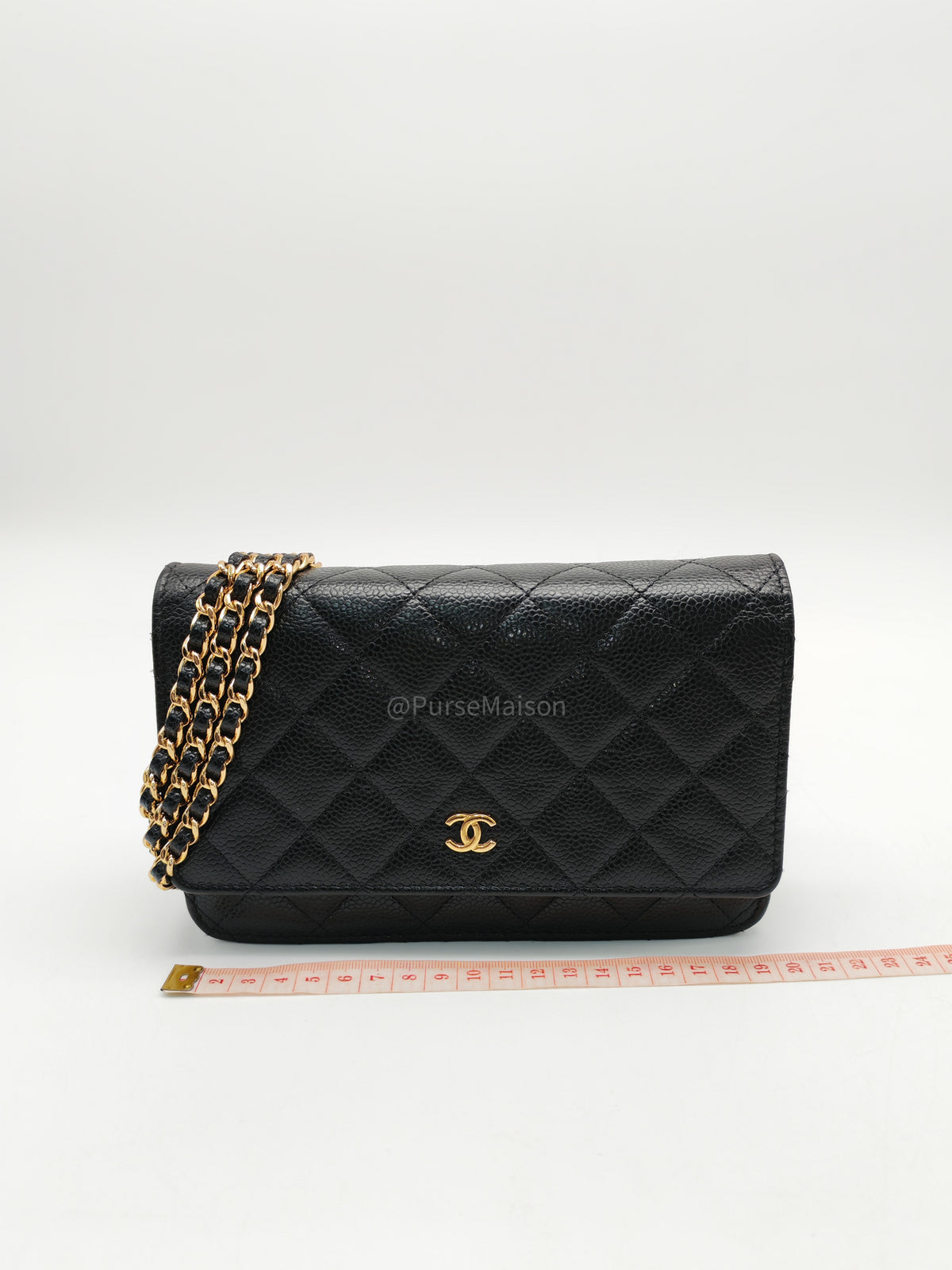 Chanel Classic Wallet On Chain (WOC) in Black Quilted Caviar Leather and Gold Hardware Series 29