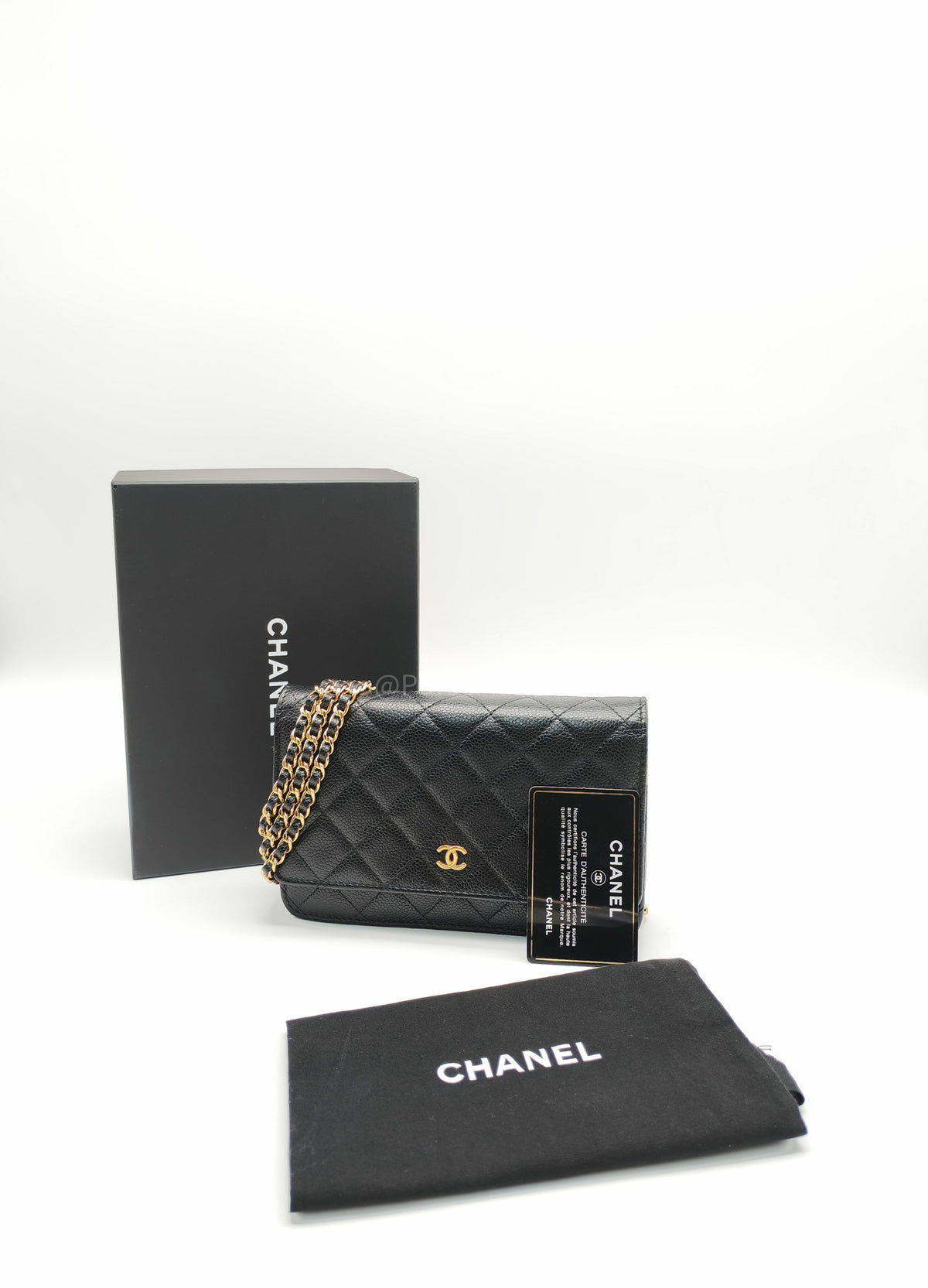 Chanel Classic Wallet On Chain (WOC) in Black Quilted Caviar Leather and Gold Hardware Series 29