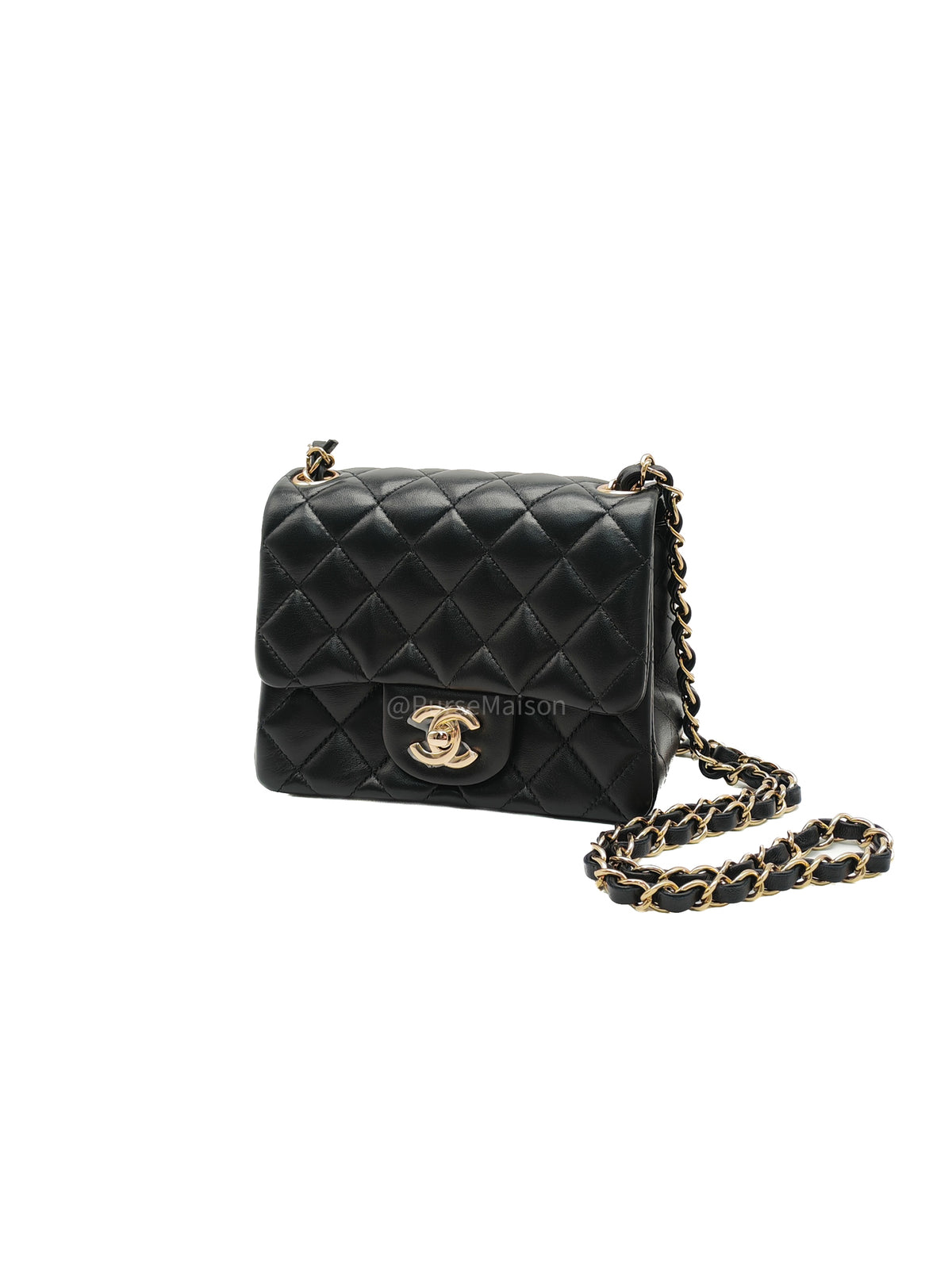 Chanel Mini Square Flap Bag in Black Quilted Lambskin Leather and Light Gold Hardware Microchip (T3****KK)