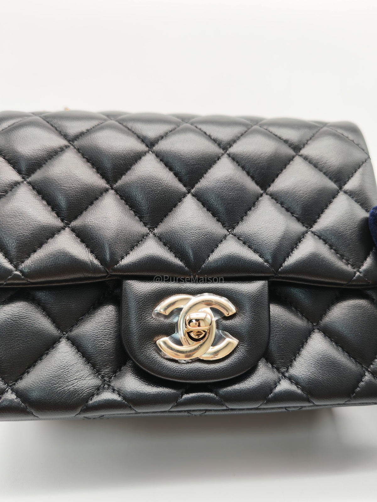 Chanel Mini Square Flap Bag in Black Quilted Lambskin Leather and Light Gold Hardware Microchip (T3****KK)