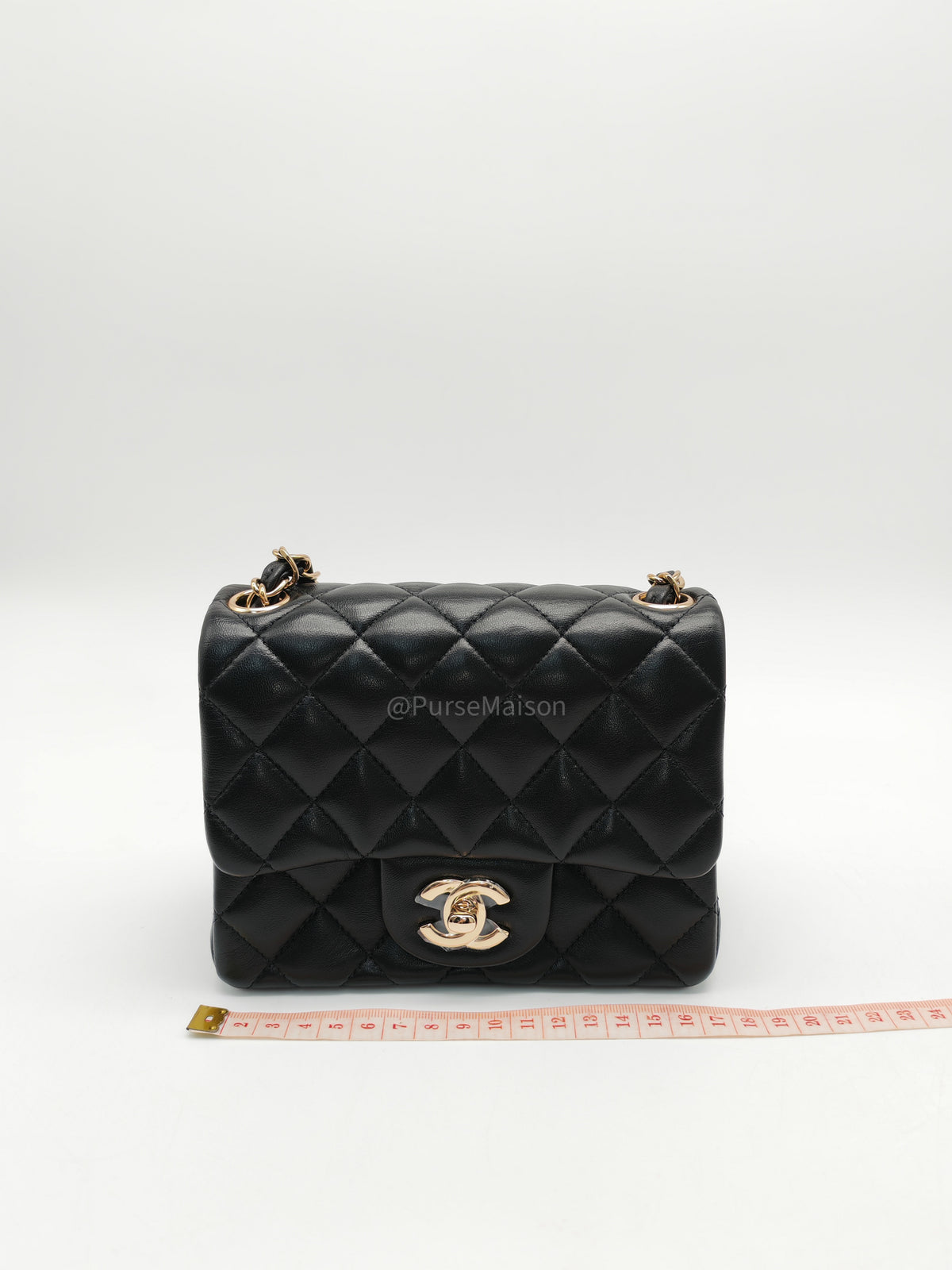 Chanel Mini Square Flap Bag in Black Quilted Lambskin Leather and Light Gold Hardware Microchip (T3****KK)