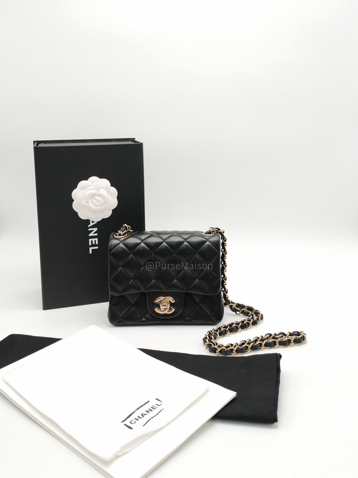 Chanel Mini Square Flap Bag in Black Quilted Lambskin Leather and Light Gold Hardware Microchip (T3****KK)