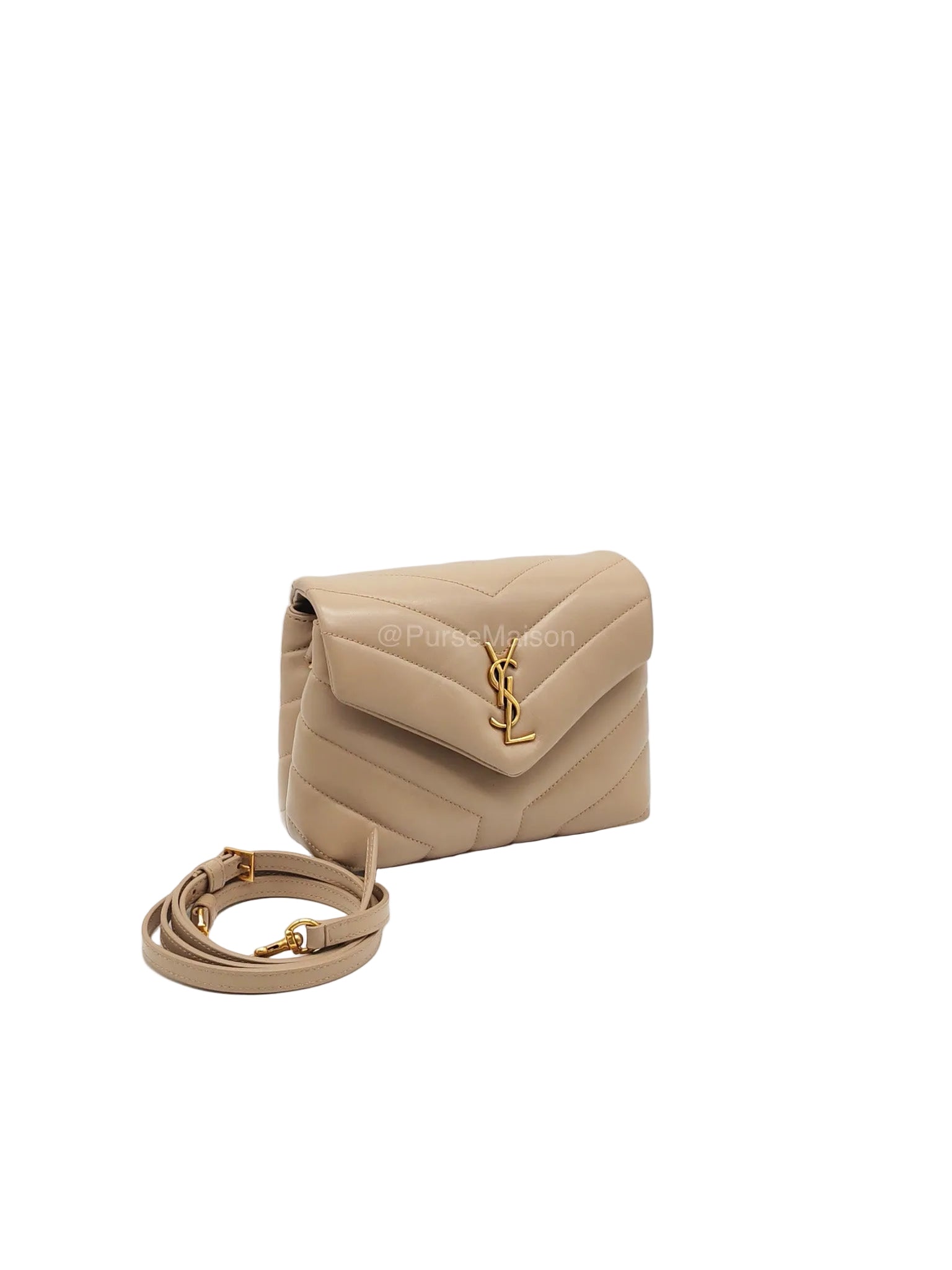 Yves Saint Laurent Toy Loulou Bag in Beige Chevron Quilted Calfskin Leather and Gold Hardware