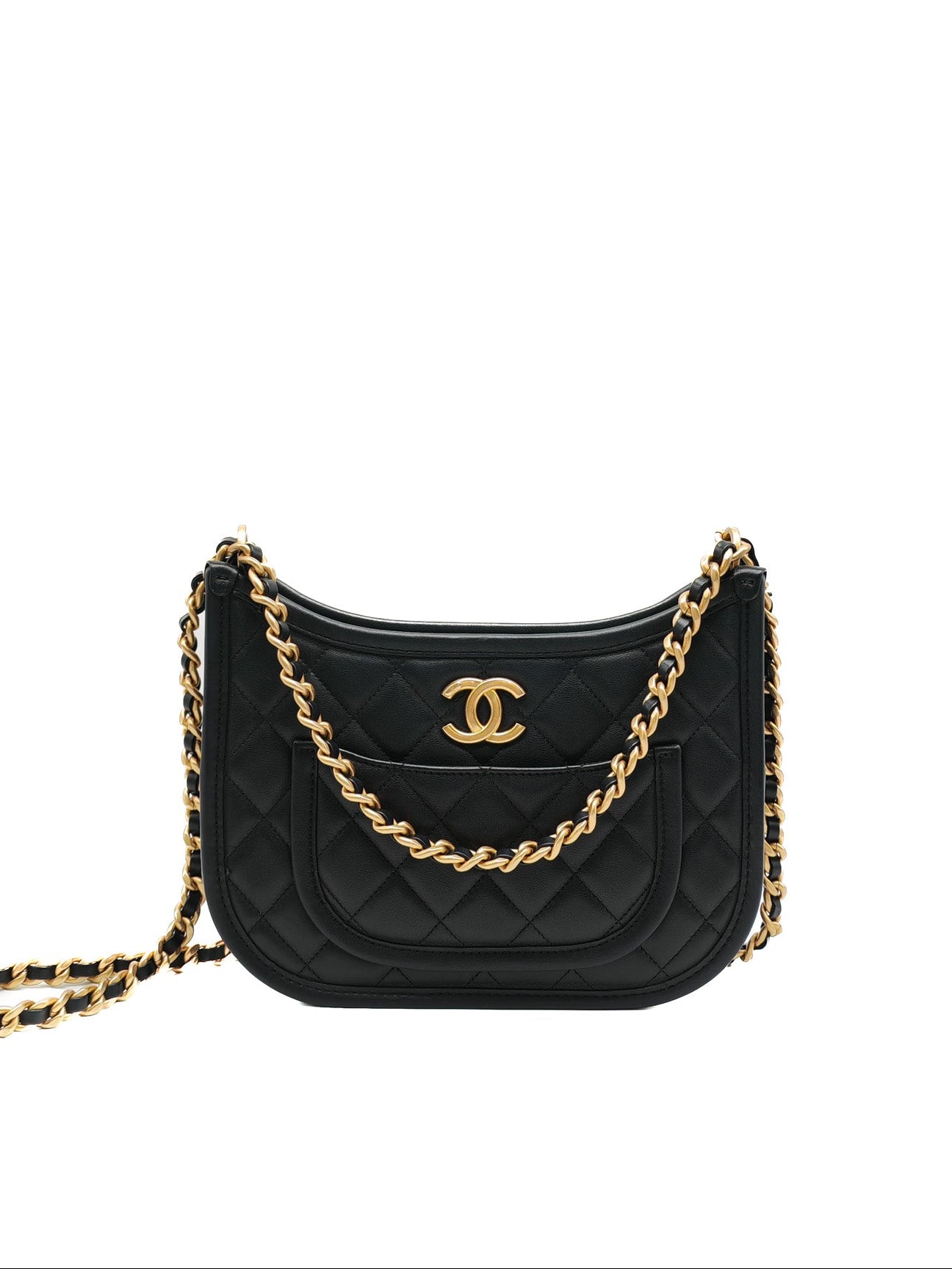 Chanel Curvy Mood Hobo Bag in Black Quilted Calfskin Leather and Aged Gold Hardware Microchip