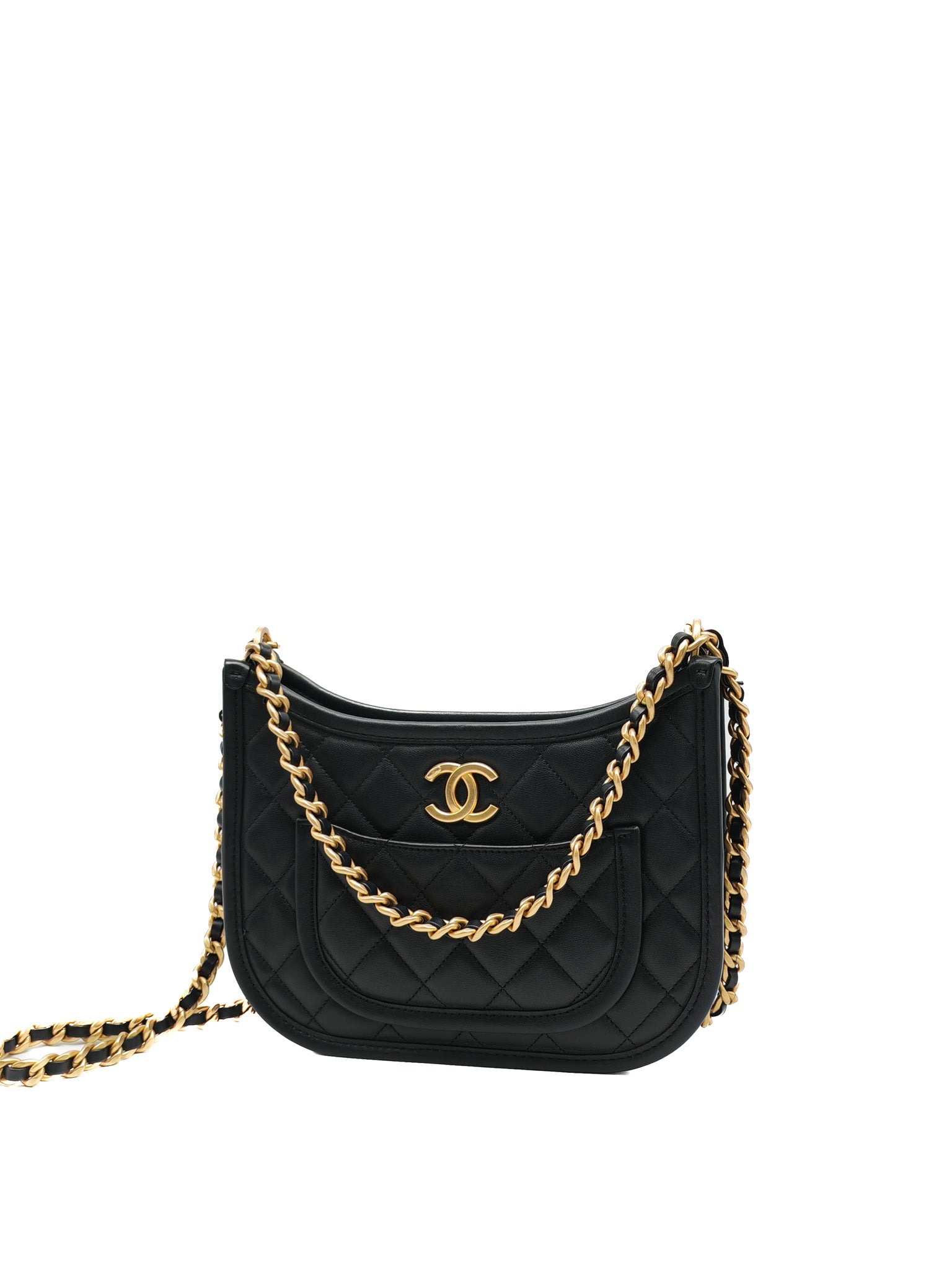 Chanel Curvy Mood Hobo Bag in Black Quilted Calfskin Leather and Aged Gold Hardware Microchip