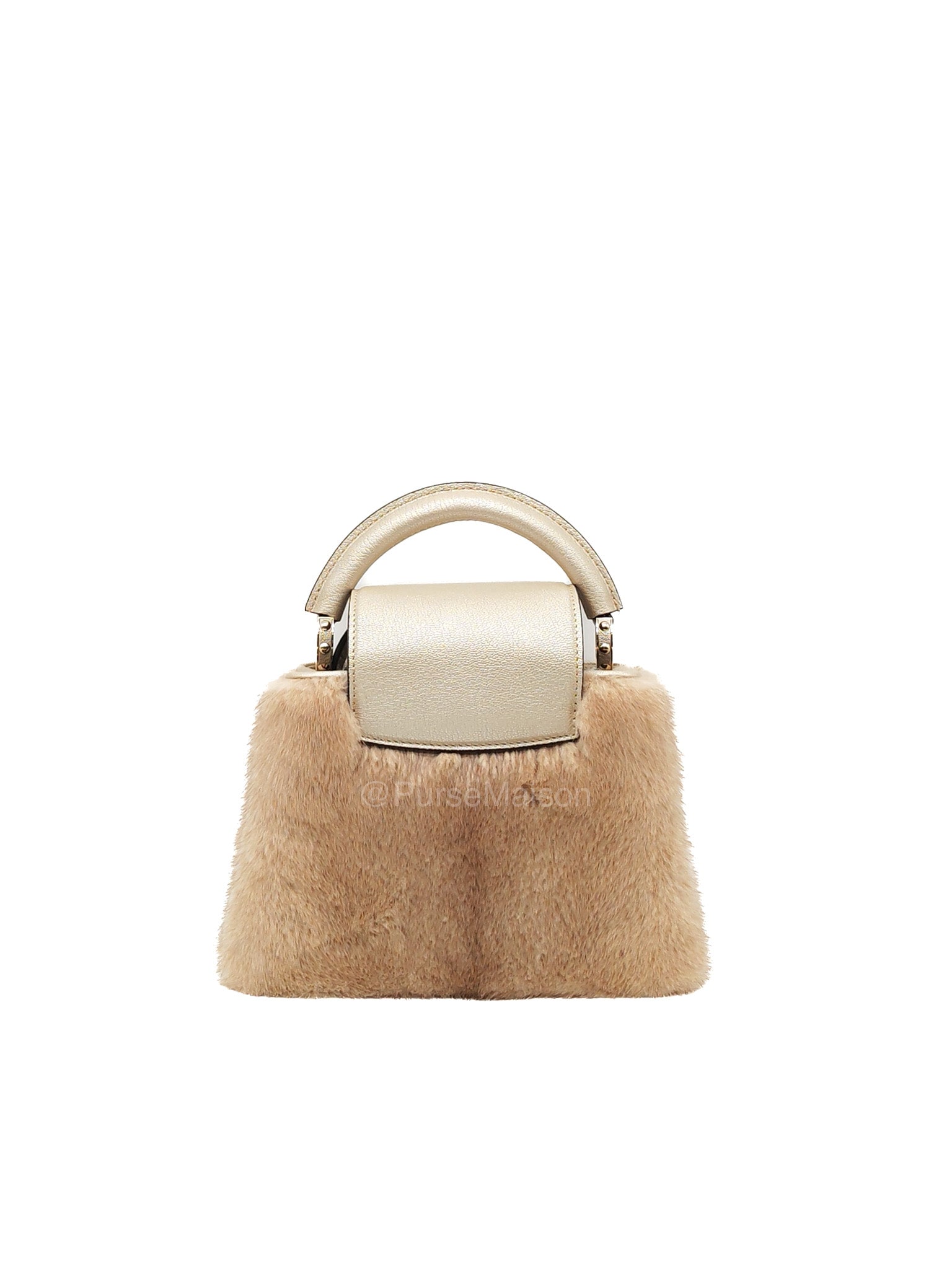 Louis Vuitton Capucines Handbag in Metallic Gold Goatskin Leather & Mink Fur (Microchip)