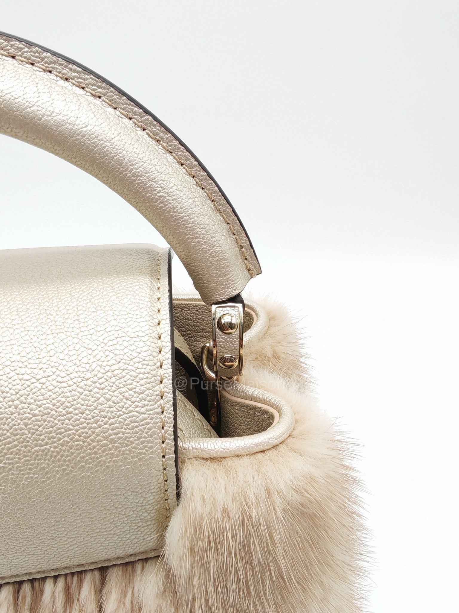 Louis Vuitton Capucines Handbag in Metallic Gold Goatskin Leather & Mink Fur (Microchip)