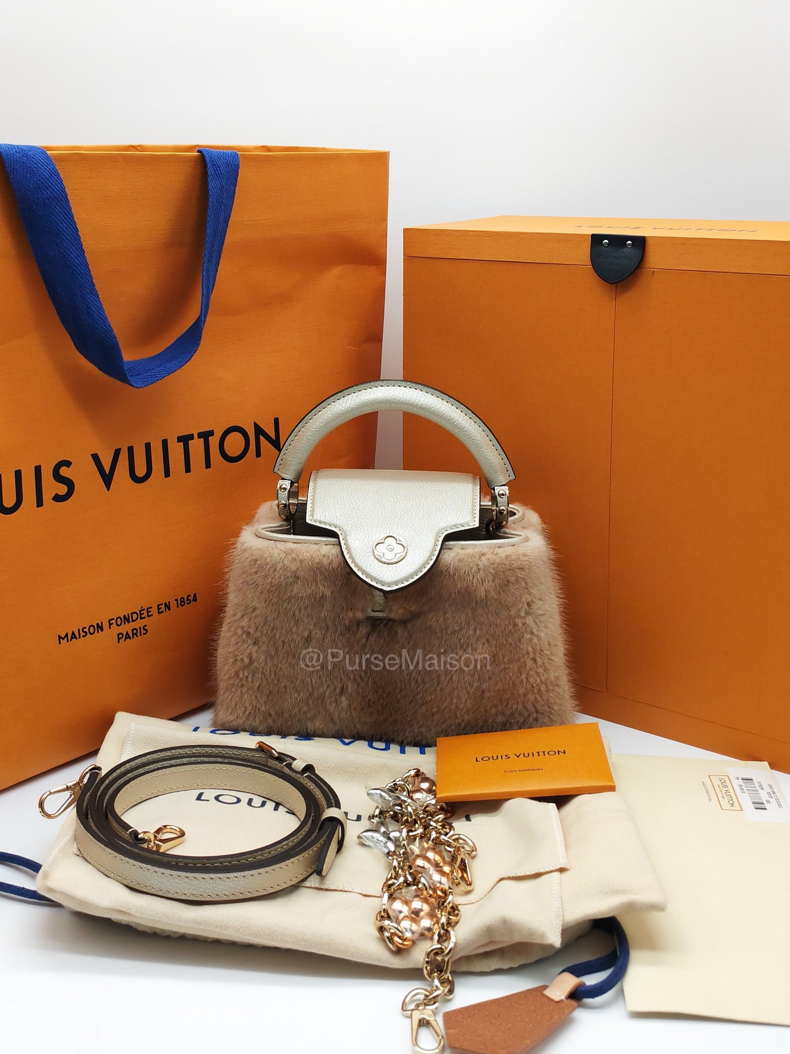 Louis Vuitton Capucines Handbag in Metallic Gold Goatskin Leather & Mink Fur (Microchip)