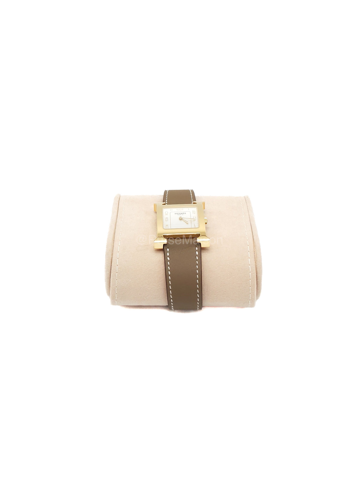 Hermes Heure H Watch in Etoupe Swift Calfskin Leather Strap and Gold Plated Case White Dial