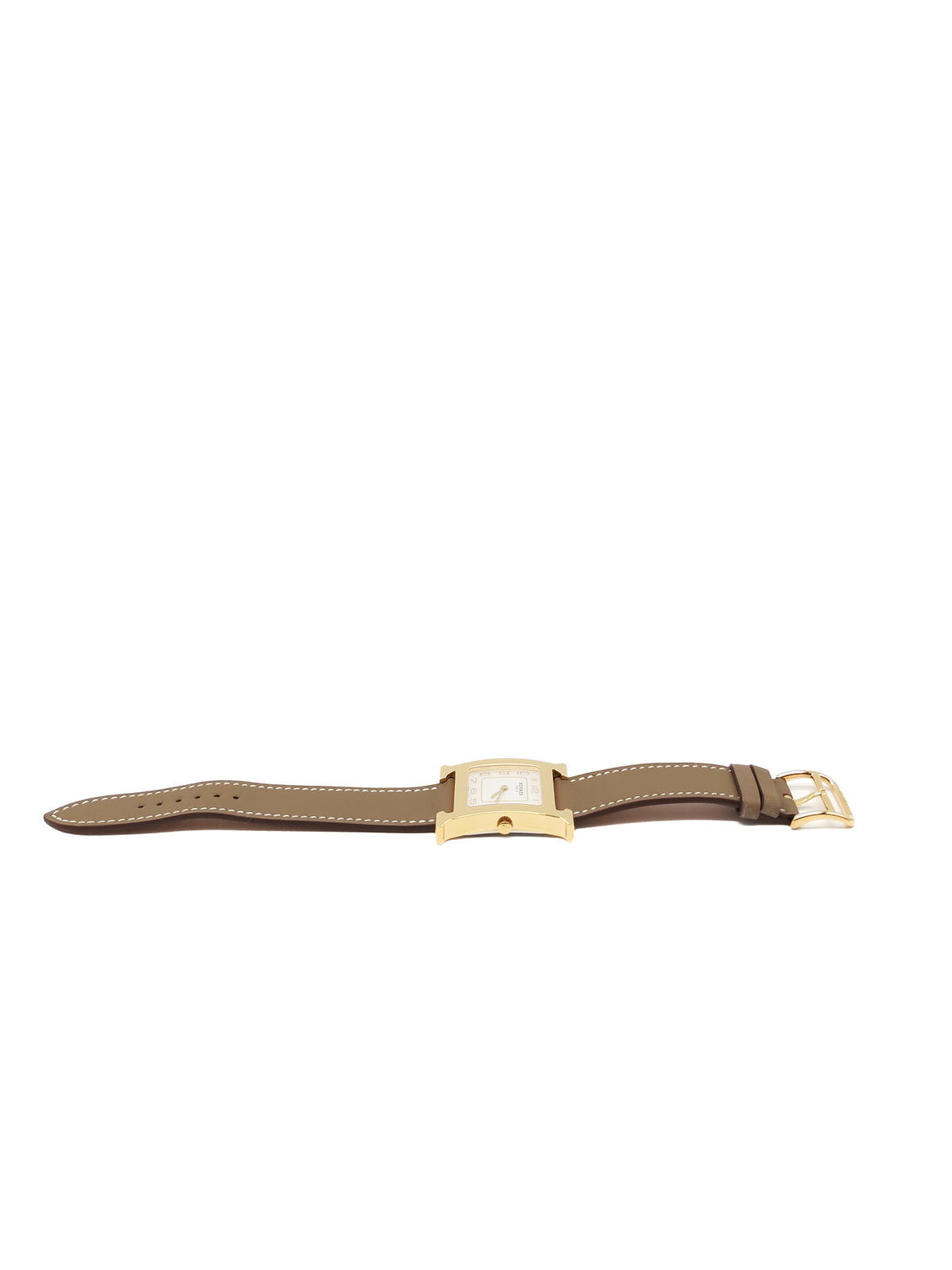 Hermes Heure H Watch in Etoupe Swift Calfskin Leather Strap and Gold Plated Case White Dial