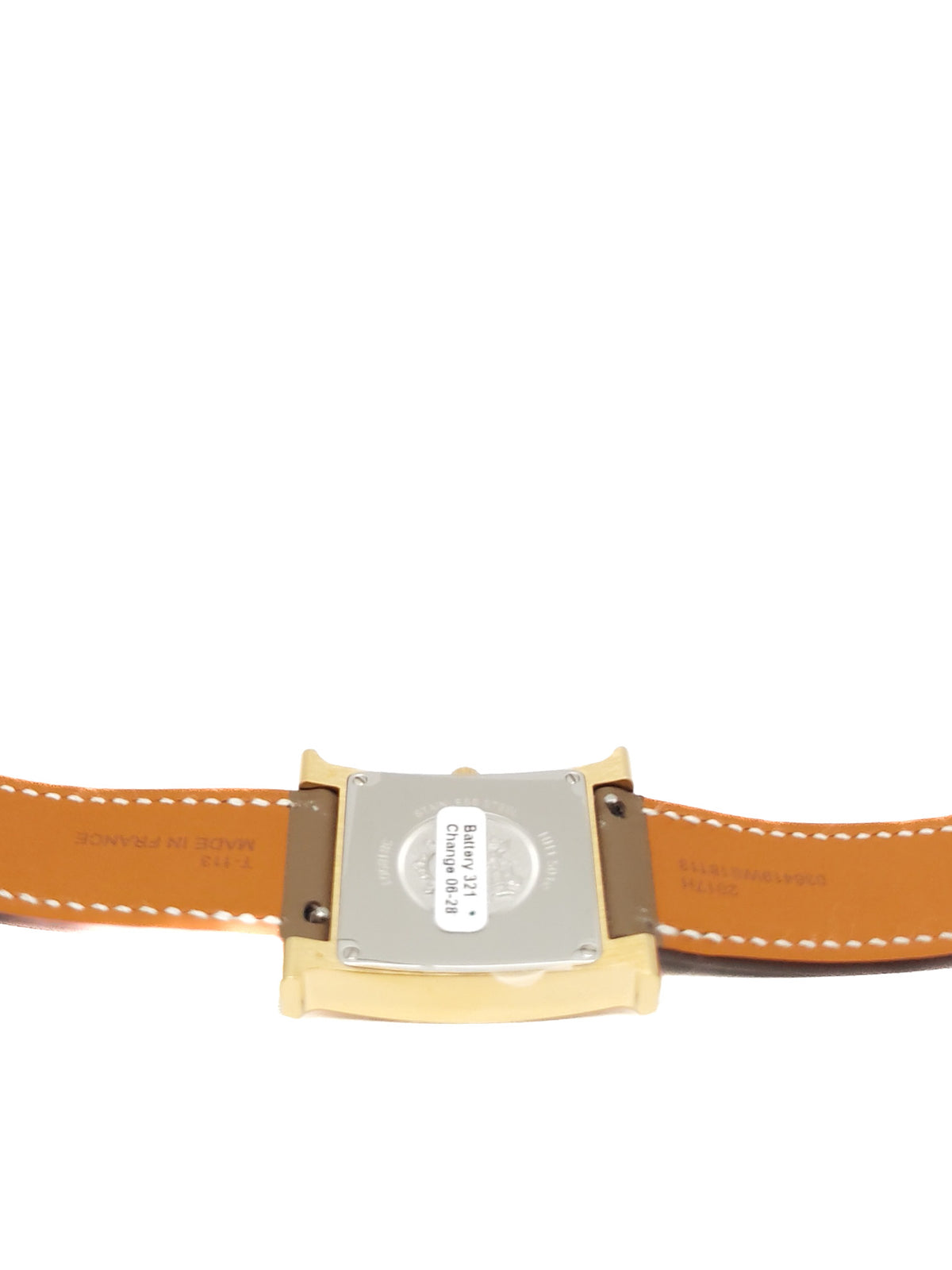 Hermes Heure H Watch in Etoupe Swift Calfskin Leather Strap and Gold Plated Case White Dial