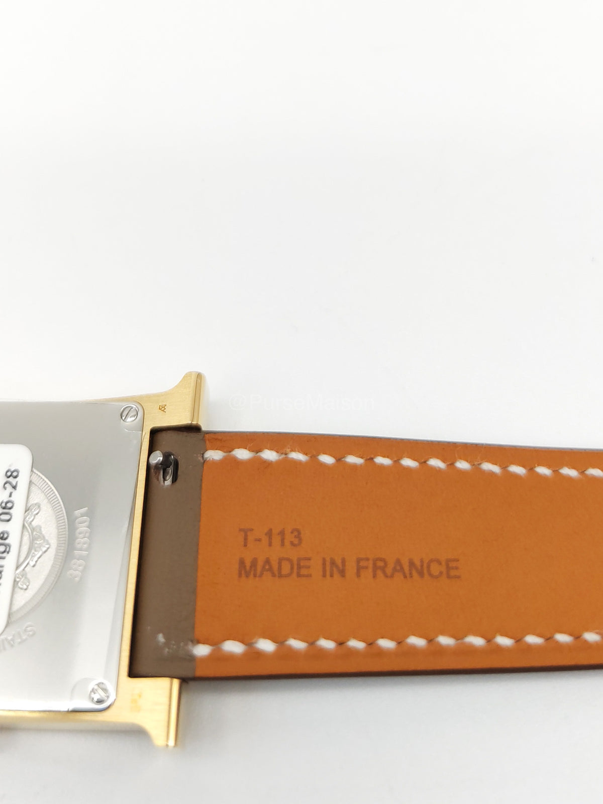 Hermes Heure H Watch in Etoupe Swift Calfskin Leather Strap and Gold Plated Case White Dial