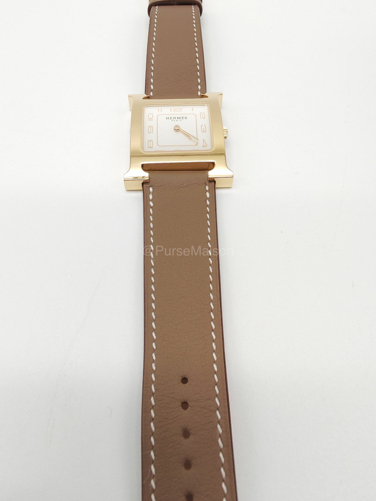 Hermes Heure H Watch in Etoupe Swift Calfskin Leather Strap and Gold Plated Case White Dial