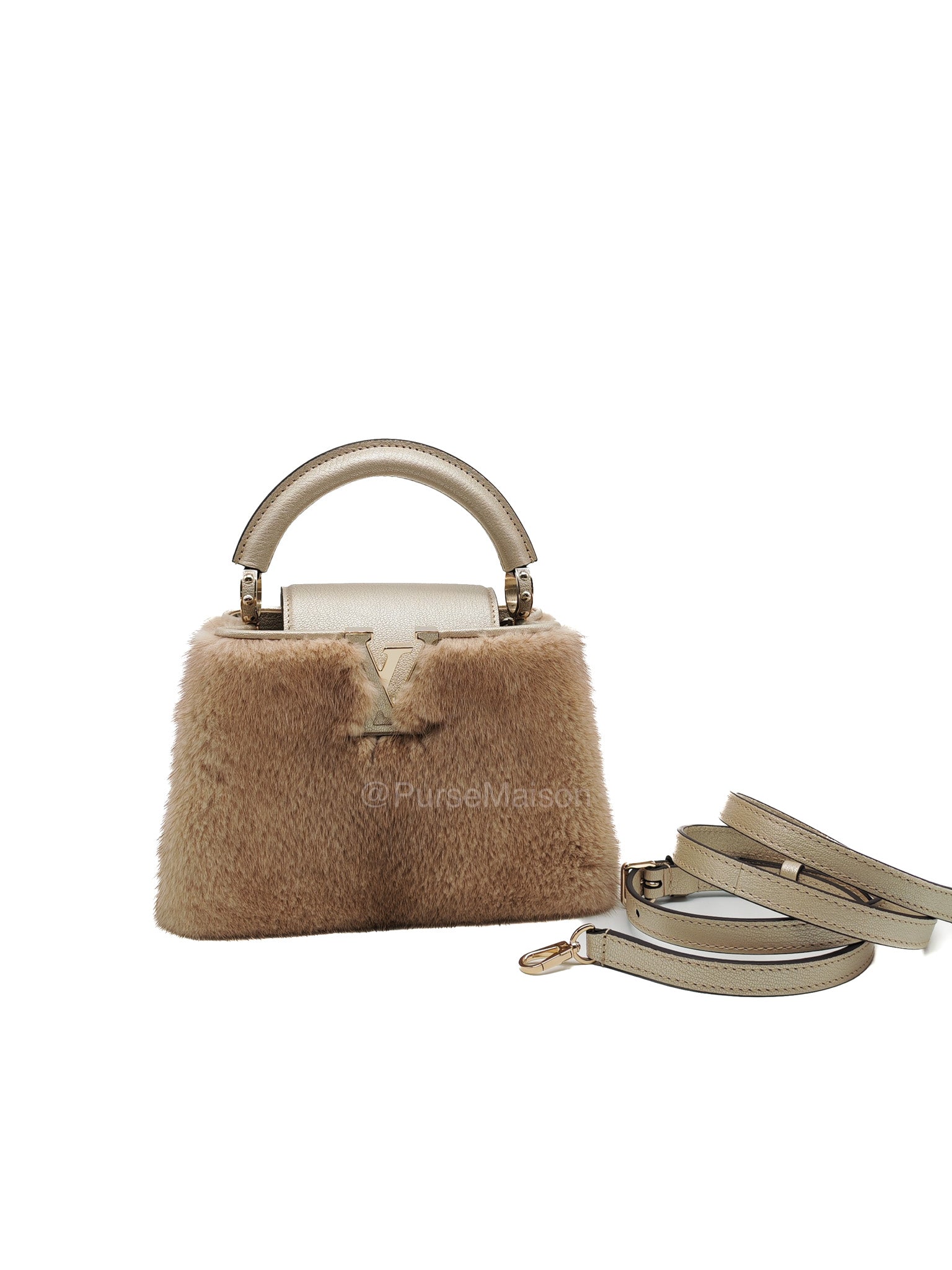 Louis Vuitton Capucines Handbag in Metallic Gold Goatskin Leather & Mink Fur (Microchip)