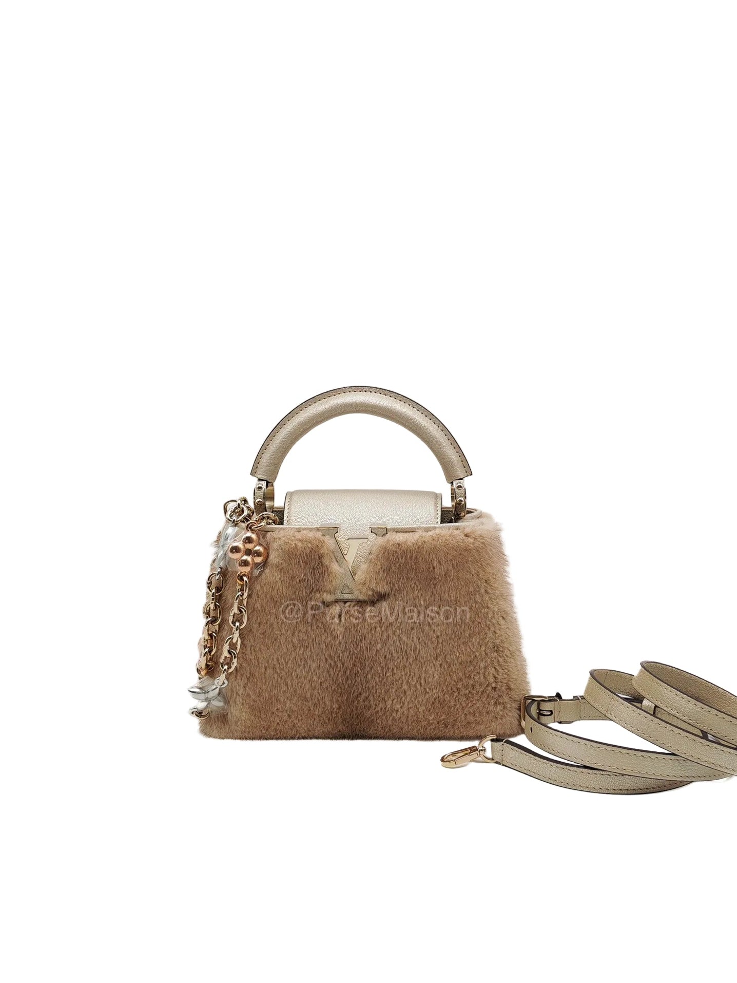 Louis Vuitton Capucines Handbag in Metallic Gold Goatskin Leather & Mink Fur (Microchip)