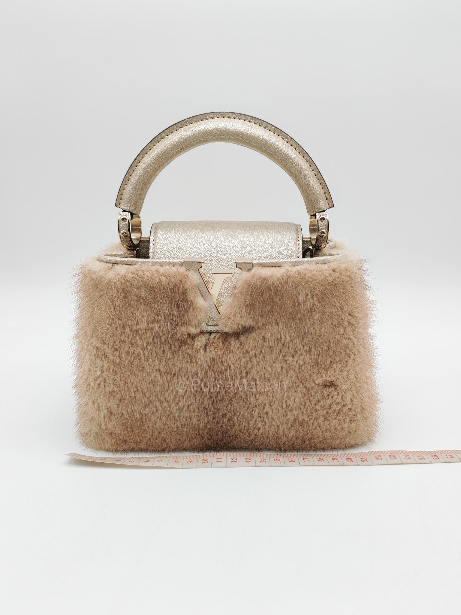 Louis Vuitton Capucines Handbag in Metallic Gold Goatskin Leather & Mink Fur (Microchip)