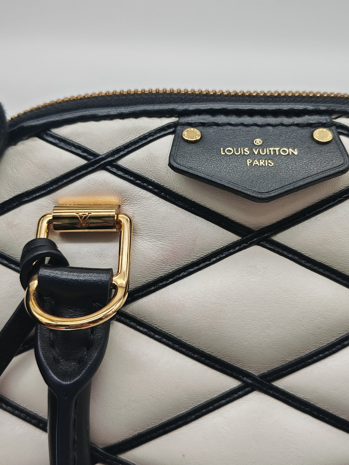 Louis Vuitton Alma BB in Malletage White and Black Lambskin Leather Gold Hardware Microchip