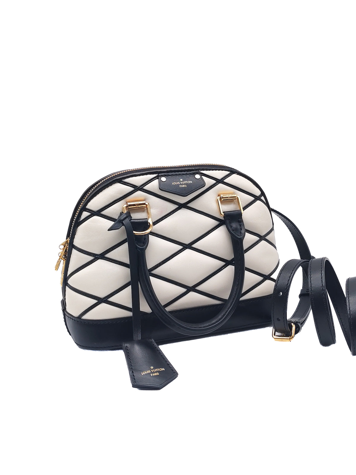 Louis Vuitton Alma BB in Malletage White and Black Lambskin Leather Gold Hardware Microchip