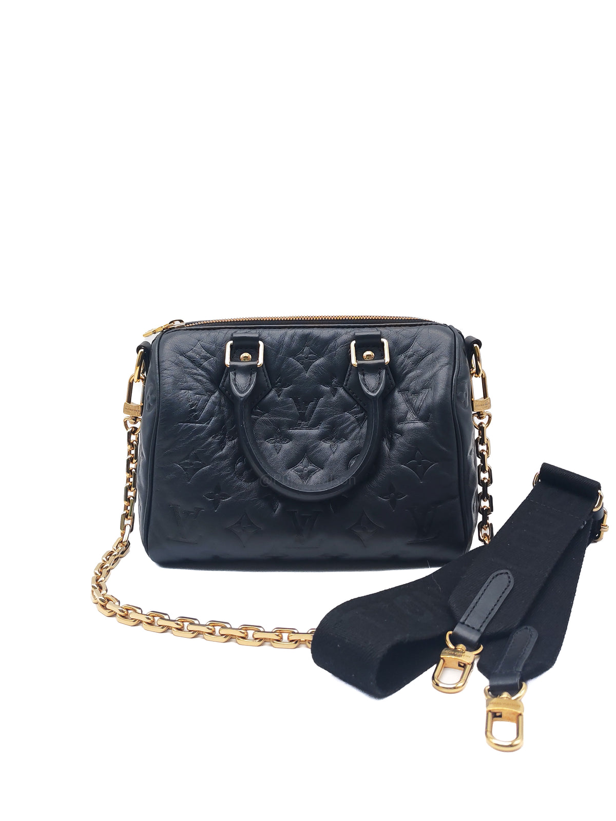 Louis Vuitton Speedy Bandouliere 22 in Black Monogram Empreinte Lambskin Leather and Gold Hardware Microchip