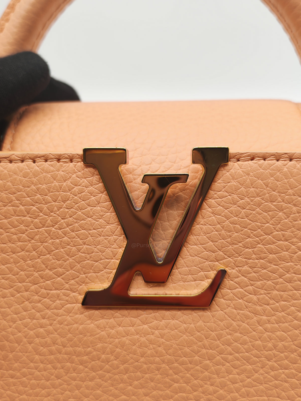 Louis Vuitton Capucines Mini Handbag in Peach Taurillon Leather and Iridescent Rainbow Hardware Microchip
