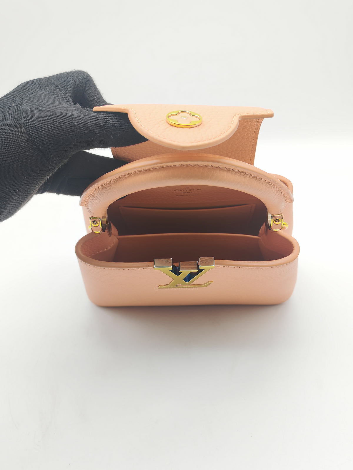 Louis Vuitton Capucines Mini Handbag in Peach Taurillon Leather and Iridescent Rainbow Hardware Microchip