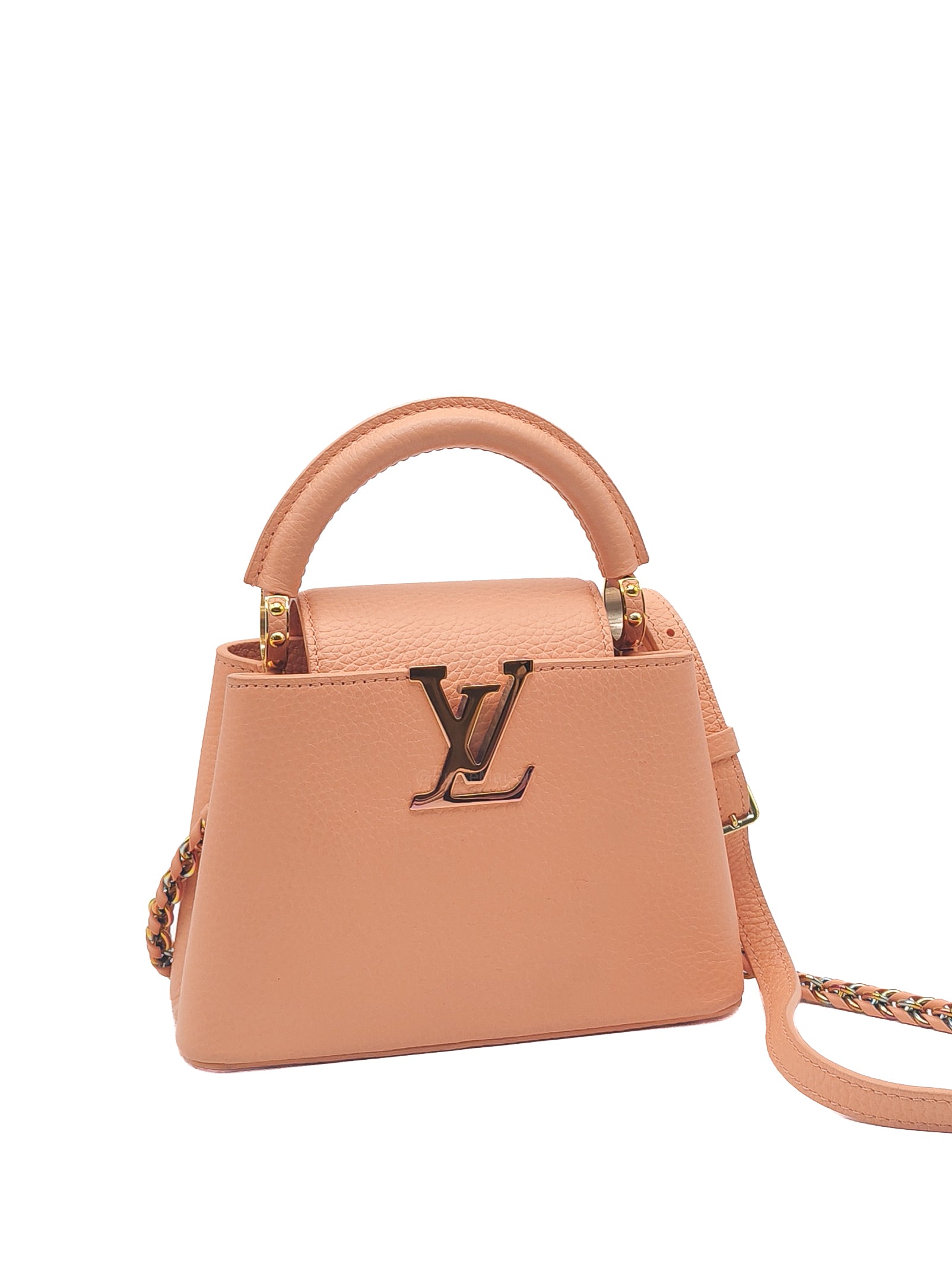Louis Vuitton Capucines Mini Handbag in Peach Taurillon Leather and Iridescent Rainbow Hardware Microchip