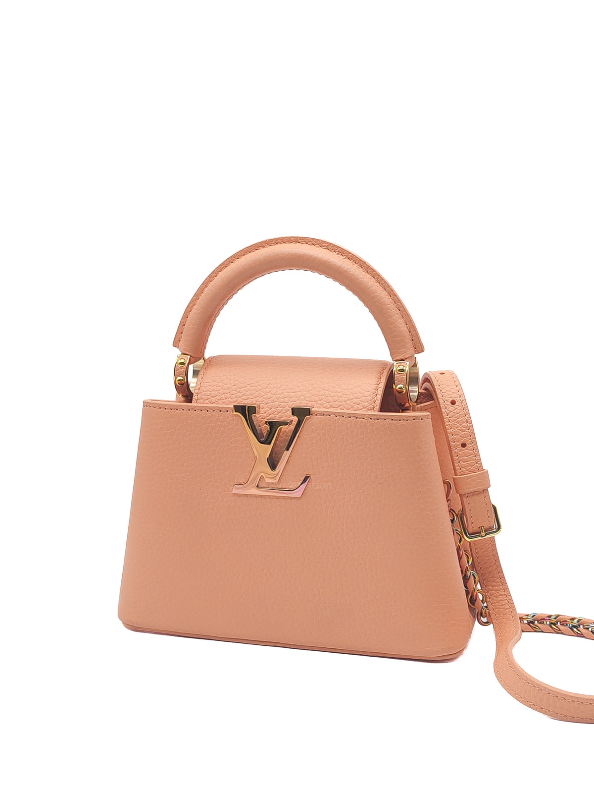 Louis Vuitton Capucines Mini Handbag in Peach Taurillon Leather and Iridescent Rainbow Hardware Microchip