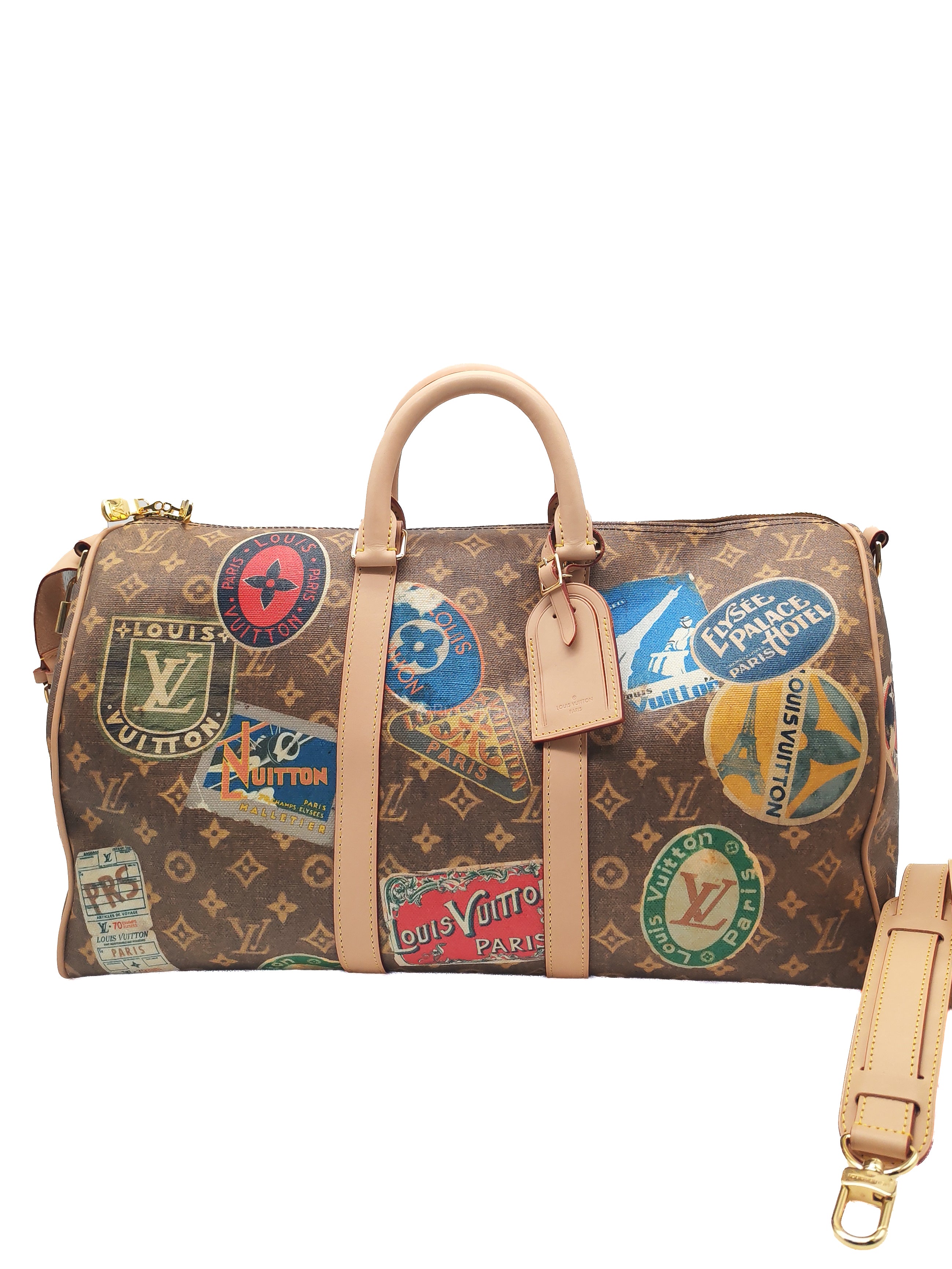 Louis Vuitton Keepall Bandouliere Flight Mode Collection in Monogram Canvas Cowhide Leather and Gold Hardware Microchip